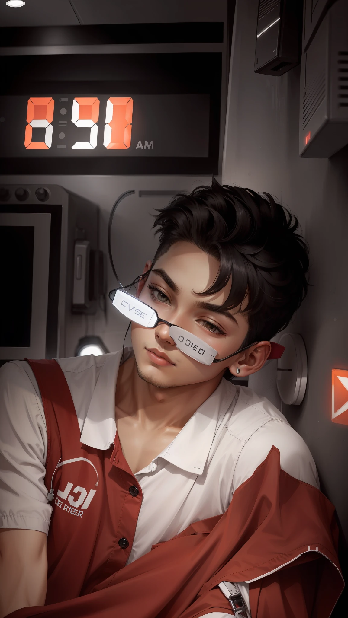 a men in a white shirt and red pants is playing video game, simple style, wearing elegant casual clothes, muted red, simple clothes, milk and red style, casual clothing style, modern fashion outfit, wearing a fisher , casual modern clothing, inspo, red clothes, red pants, neutral tones, rred and white color scheme, casual business outfit, scary face, nike shoes, 22 years old, adult face, short hair, ((black hair))