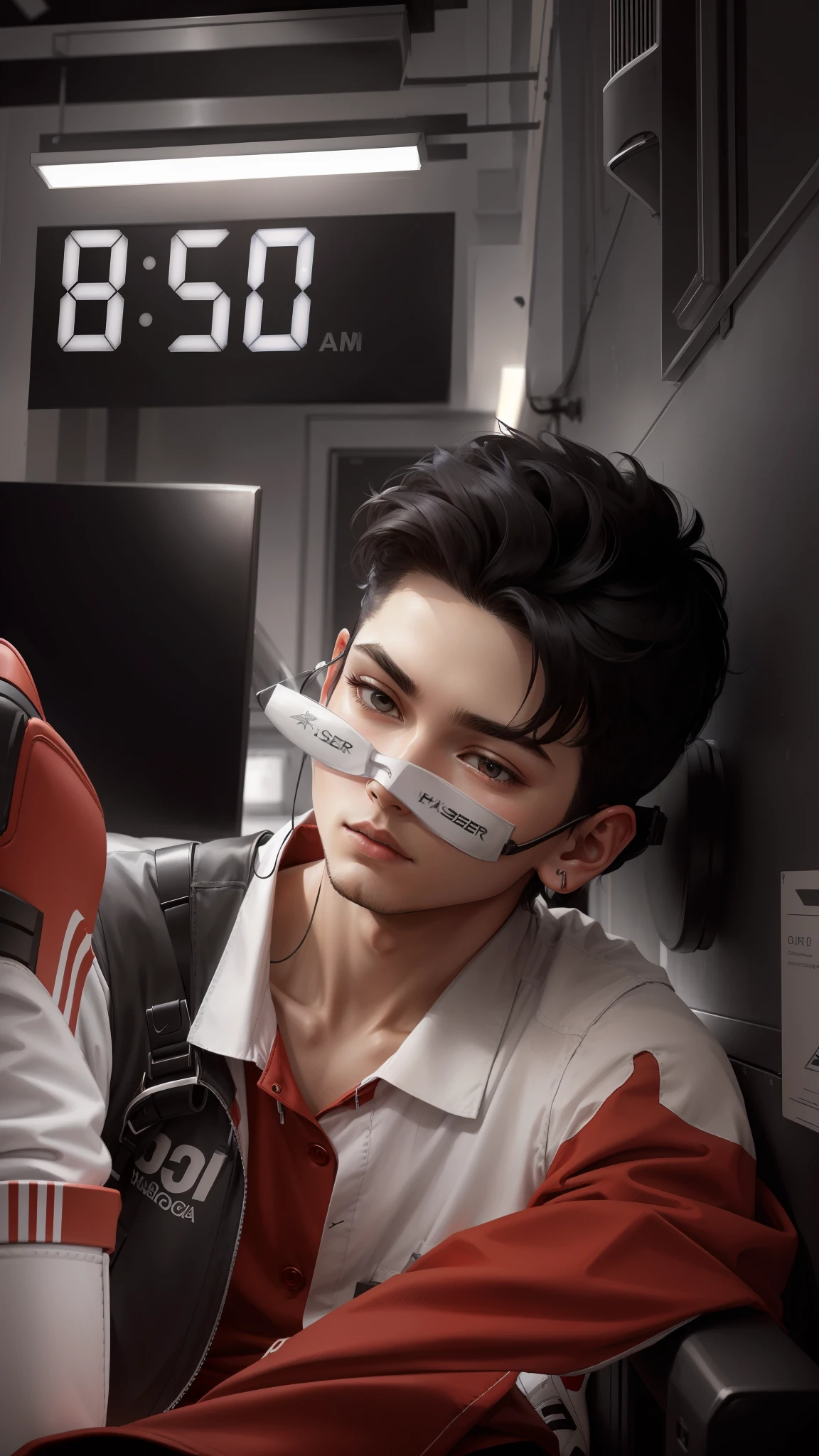 a men in a white shirt and red pants is playing video game, simple style, wearing elegant casual clothes, muted red, simple clothes, milk and red style, casual clothing style, modern fashion outfit, wearing a fisher , casual modern clothing, inspo, red clothes, red pants, neutral tones, rred and white color scheme, casual business outfit, scary face, nike shoes, 22 years old, adult face, short hair, ((black hair))