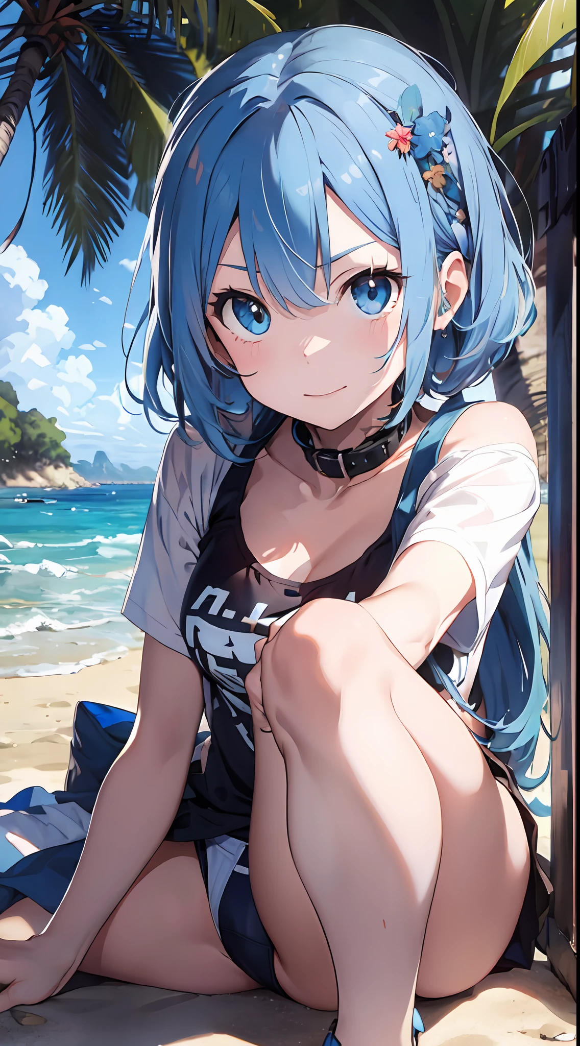 (NSFW:1.2), (8K, Raw photography, Top image quality, A masterpice: 1.4), ultra high def, (Realstic, photorealestic: 1.48), 1girls, Solo Focus, type moon style, Kyoto Animation Style, short-length hair, (blue hairs:1.7), Blunt bangs, Hair Between Eyes, clear eyes, side locks, White hair, Shiny hair, beautiful detailed cold face, Seductive smile, Angry, complex details beautiful and delicate eyes, Bare_Shoulders, Small_Breasts, Gray eyes, White skin, Hair Ornament, (((T-shirt))), swim ring, swimsuit, beautiful bare back, Sandals, Skindentation, collar bone, Bare_Legs, beach, Beautiful detailed sky, White sand, tree, very precise details, absurdist, Extremely detailed, 16k wallpaper,remrezero