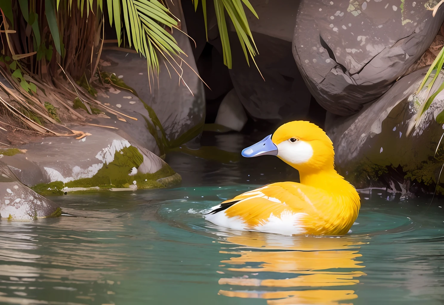 um pato amarelo macio, adolable, gordinho, pato amarelo, peludo, during the day when the sun is abundant, nadando em um riacho, the surface of the water glows, blue skies, nuvens brancas e coqueiros, The water is very clear, cabelos longos, belos olhos detalhados, olhos e rosto extremamente detalhados, luz no rosto, adolable, melhor qualidade, obra-prima, illustration,  um extremamente delicado e bonito, extremamente detalhado, CG, unidade, papel de parede 8k, Awesome, finamente detalhe, obra-prima, melhor qualidade, arte oficial, extremamente detalhado CG unidade 8k papel de parede, ultra-detalhado, highres, extremamente detalhado, (melhor qualidade), (realista, foto-realista: 1.2), 8k, soft-lighting, alta qualidade, arte oficial, extremamente detalhado CG unidade 8k papel de parede, cinematic lighthing.