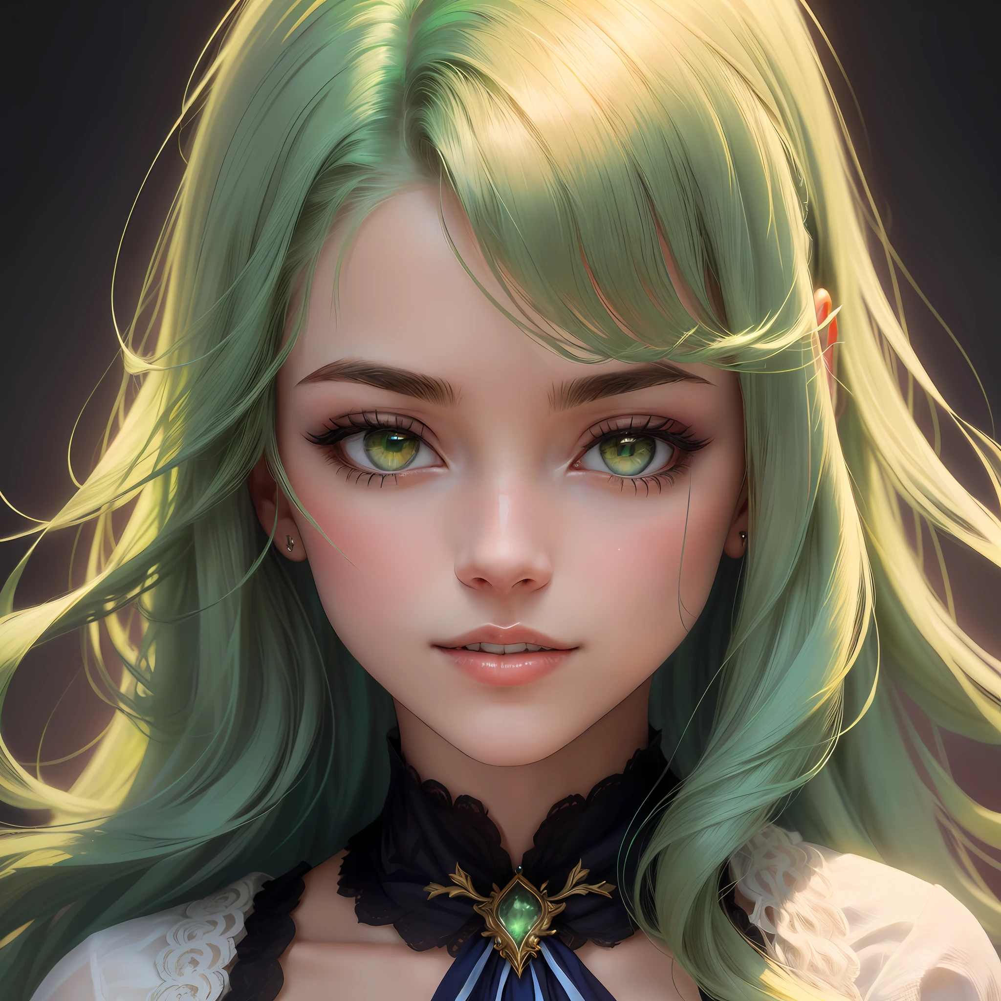Aurora is a charming and endearing looking young woman. Ela tem cabelos longos e sedosos, que brilham com um tom suave de dourado, como os raios do sol ao amanhecer. Her eyes are large and expressive, com um tom hipnotizante de verde esmeralda, that reflects your curiosity and determination.