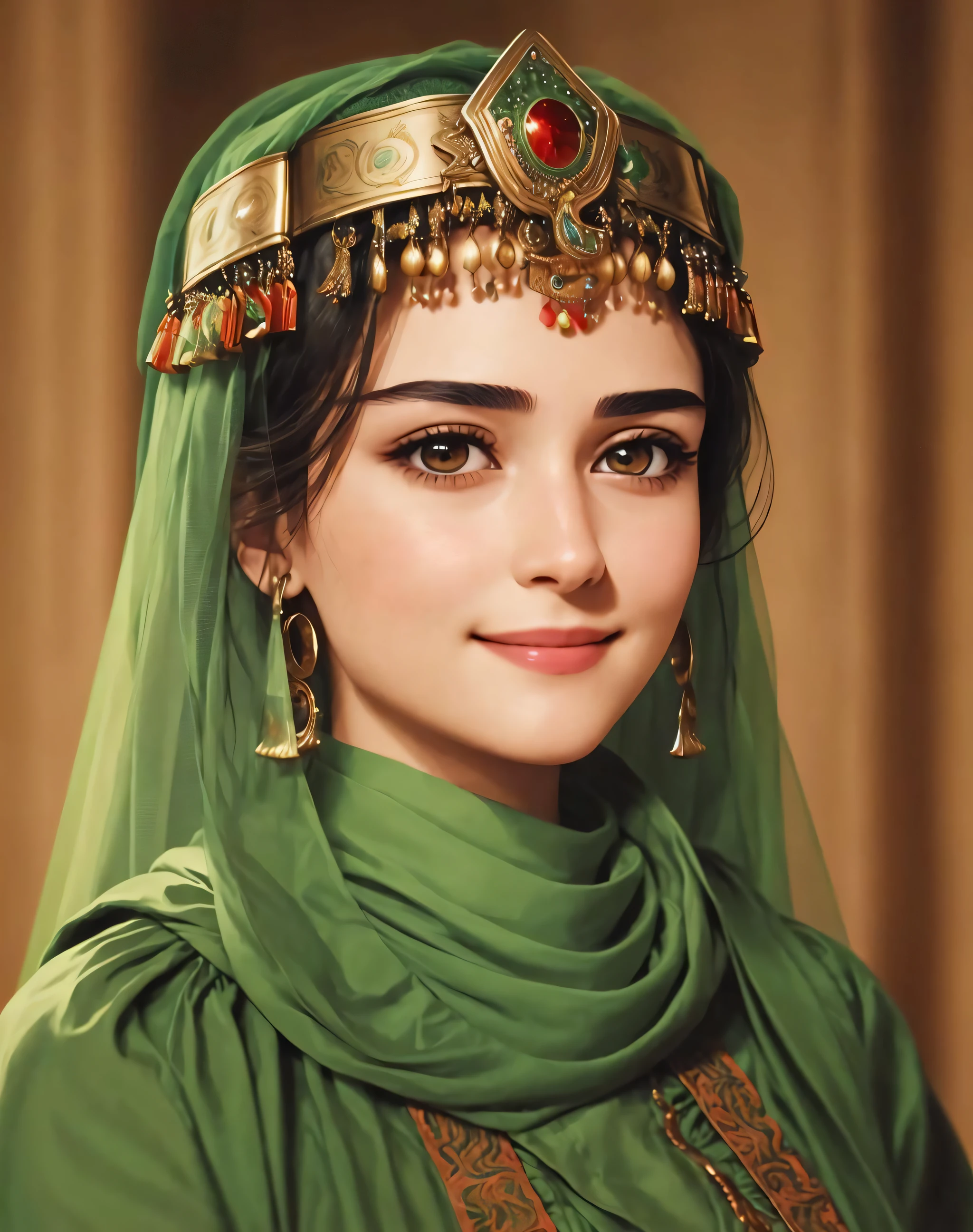 Masterpiece, absurdres, fine detail, HDR, highly detailed face and eyes, photorealistic,smiling, beautiful tkd_woman, a woman in a green dress and a green headdress , perfect tkd_face, perfect tkd_body, cowboy shot