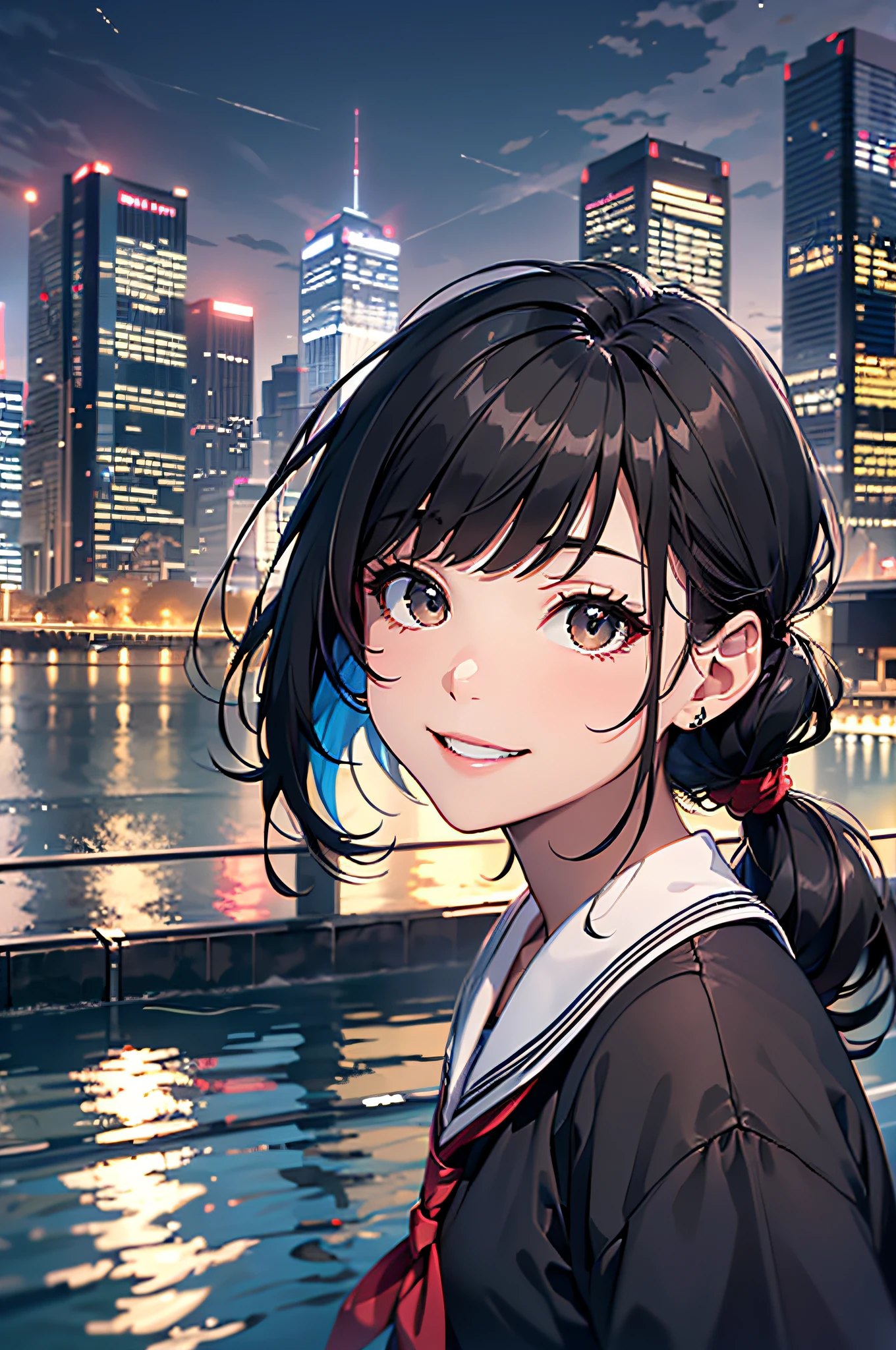 (top-quality、in 8K、32K、masterpiece、nffsw、ighly detailed:1.2)、cowboy shot, (Vibrant city skyline reflected on the tranquil waterfront:1.4)、beautiful shadow、beauitful face、blurry backround、16-year-old beautiful girl、shinny skin, Beautiful black hair、Blunt bangs、 side poneyTail、Brown eyes、a sailor suit、pleatedskirt、Black socks、Black shoes、A smile、Raising arms、Dynamic Pose,