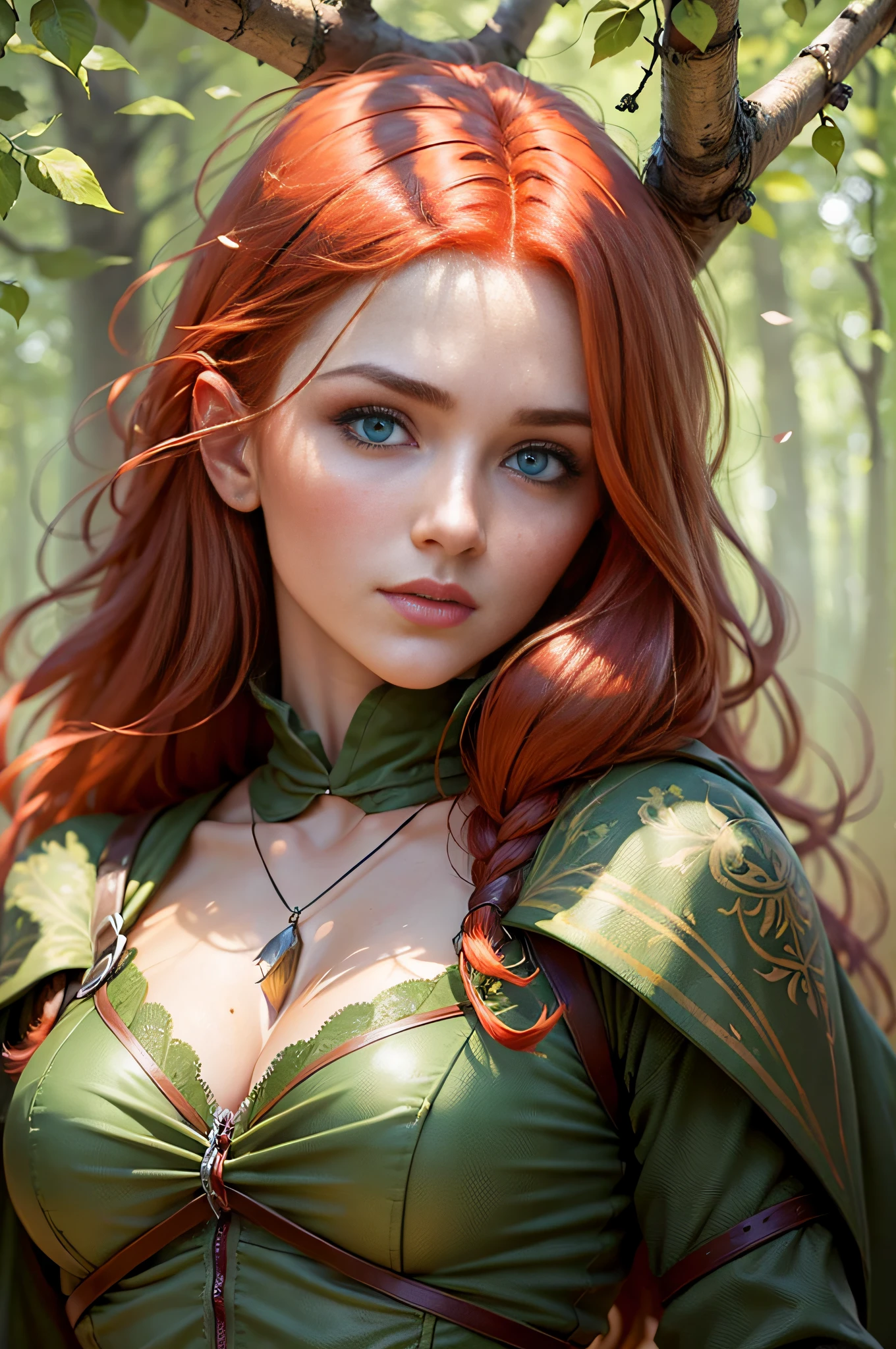 Best Quality, Masterpiece, (Realist: 1.2), Red-haired Woman, Green Eyes, Archer, In the Forest, Shadows and Lights, Detailed Face, Beautiful Eyes, Uncovered Chest, War Paintings, Love Eyes --auto --s2