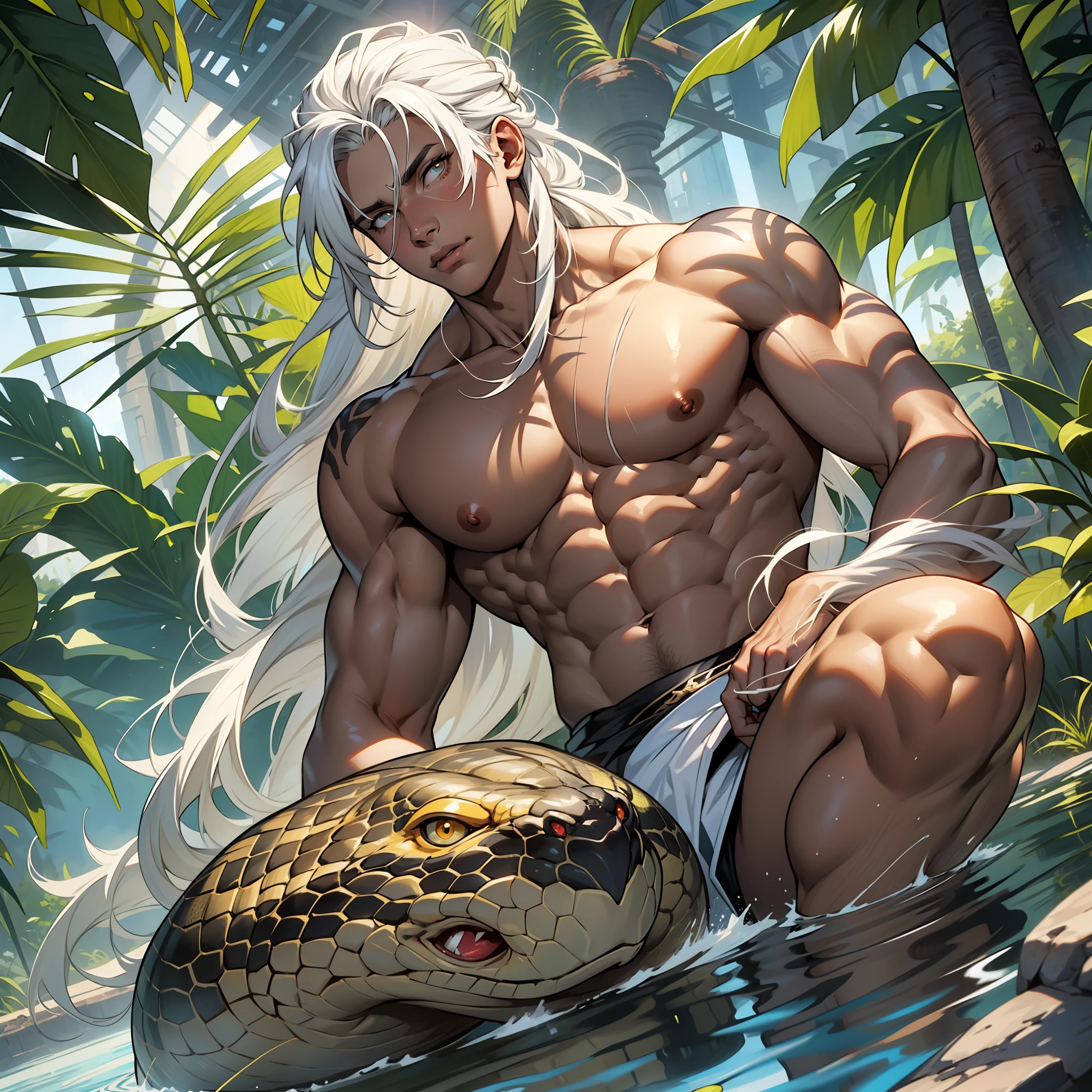 I stand six foot and six inches in height. I have long white hair tied up neatly. My eyes are yellow, with snake-like slits for pupils, like those of the basilisk. My body is sculpted to perfection, like that of an adonis, with muscles that ripple under the sun's light. My skin is bronze-like.