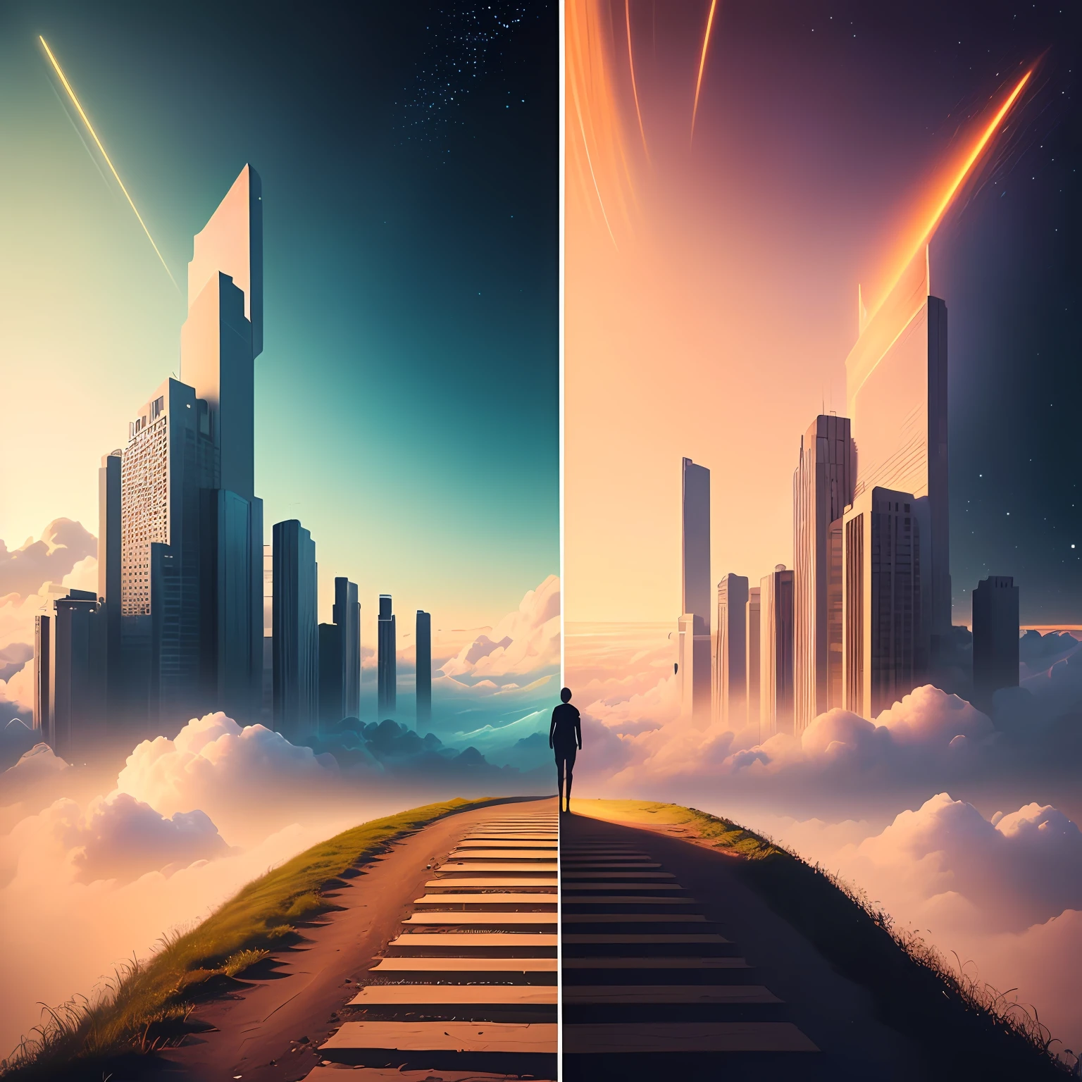 Imagine an image that visualizes our journey from Web2 to Web3. The image starts with a path that begins at ‘Web2’ and leads towards a bright horizon labeled ‘Web3’. Along this path, there are milestones representing key concepts like ‘Decentralization’, ‘Data Ownership’, and ‘Smart Contracts’. There are characters on this path, representing us, the users, learning and marveling at these new concepts. The color palette transitions from cool to warm tones, symbolizing the shift from the old to the new era of the internet. Can you visualize it? That’s our journey into Web3 so far!