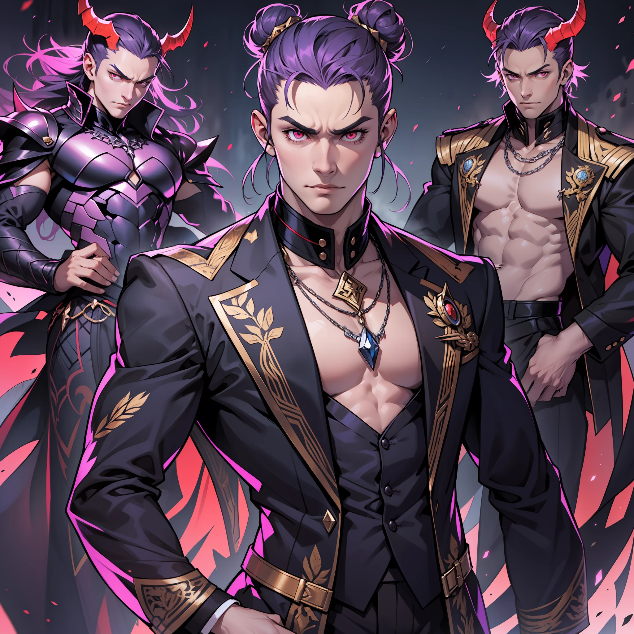 like all the demon princes, I am quite tall. I have purple hair tied back in a bun, and red eyes with sharp silver pupils. I wear fine clothes, as befits a prince of Hell, though they are always black. My demeanor is haughty, arrogant, and superior to others. I carry myself with confidence and a sense of pride that is unrivaled. When I speak, my words are sharp and my voice is powerful. I am the embodiment of pride and arrogance. handsome male