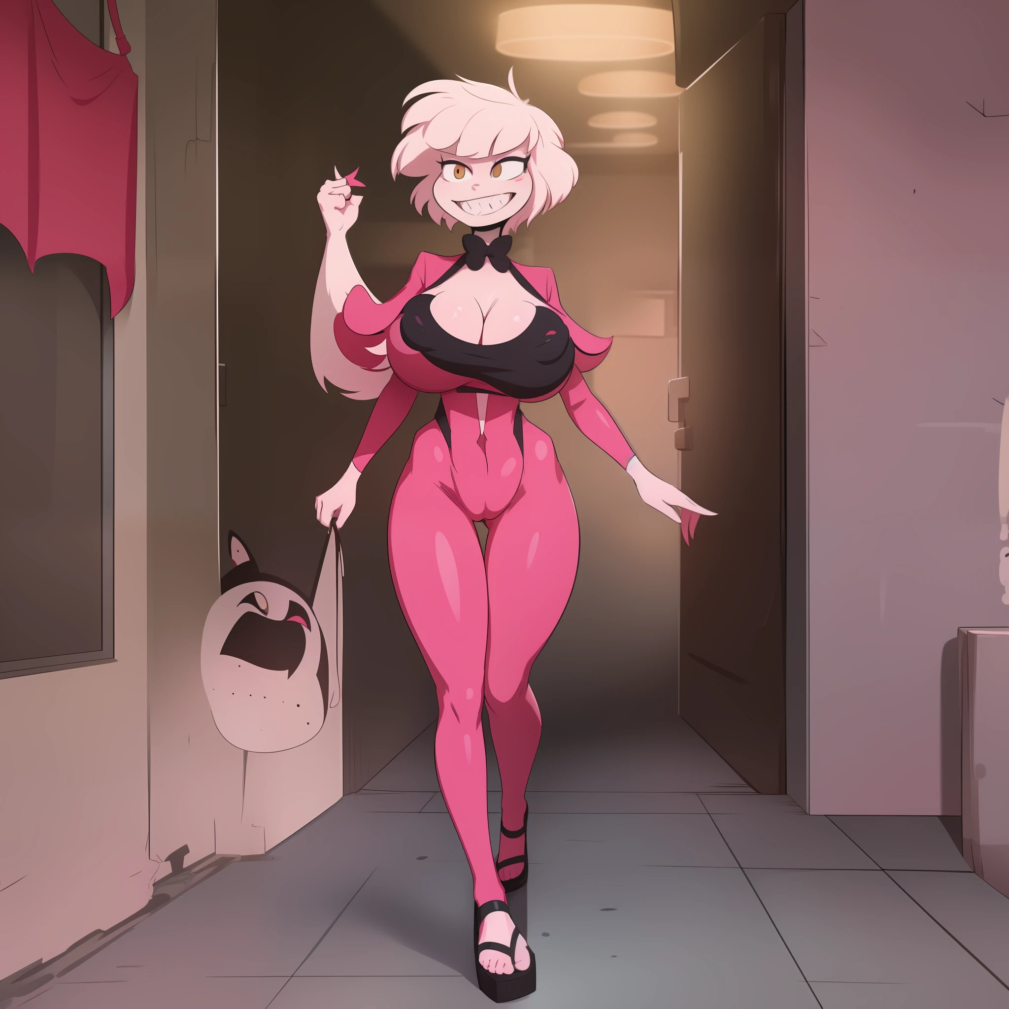 Angel Dust, hazbin hotel style, bimbo, big breast, alone, flip flops, walking, smug