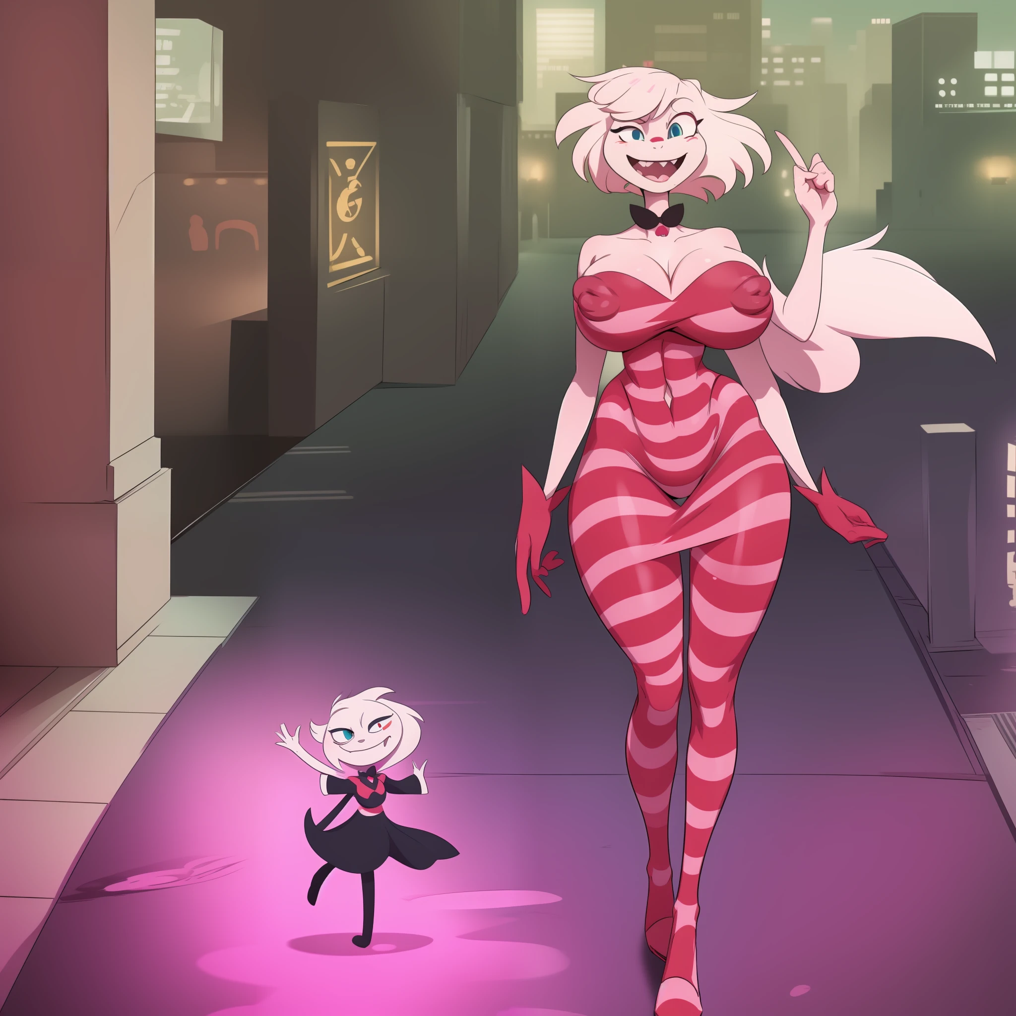 Angel Dust, hazbin hotel style, bimbo, big breast, alone, flip flops, walking, smug