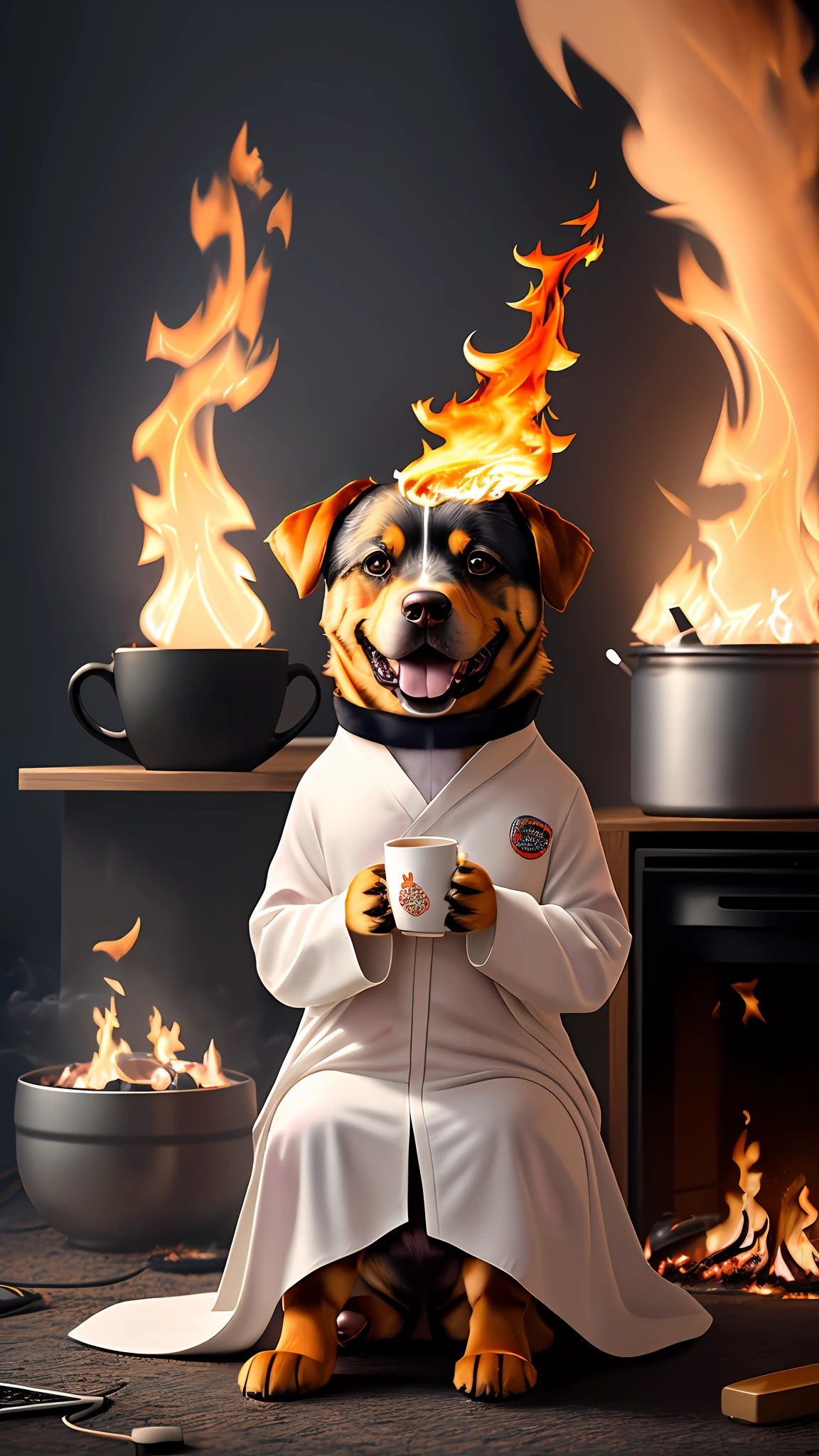(best quality:1.23), (masterpiece:1.12), (realistic:1.24), (anthropomorphic dog:1.5) holding a coffee cup, sitting, in a robe, eating breakfast and holding a coffee cup, hat, particles, volumetric lighting, room burn down, ground and chair on fire, lots of gadgets and equipment on fire, smoke, (flames all around:1.2),