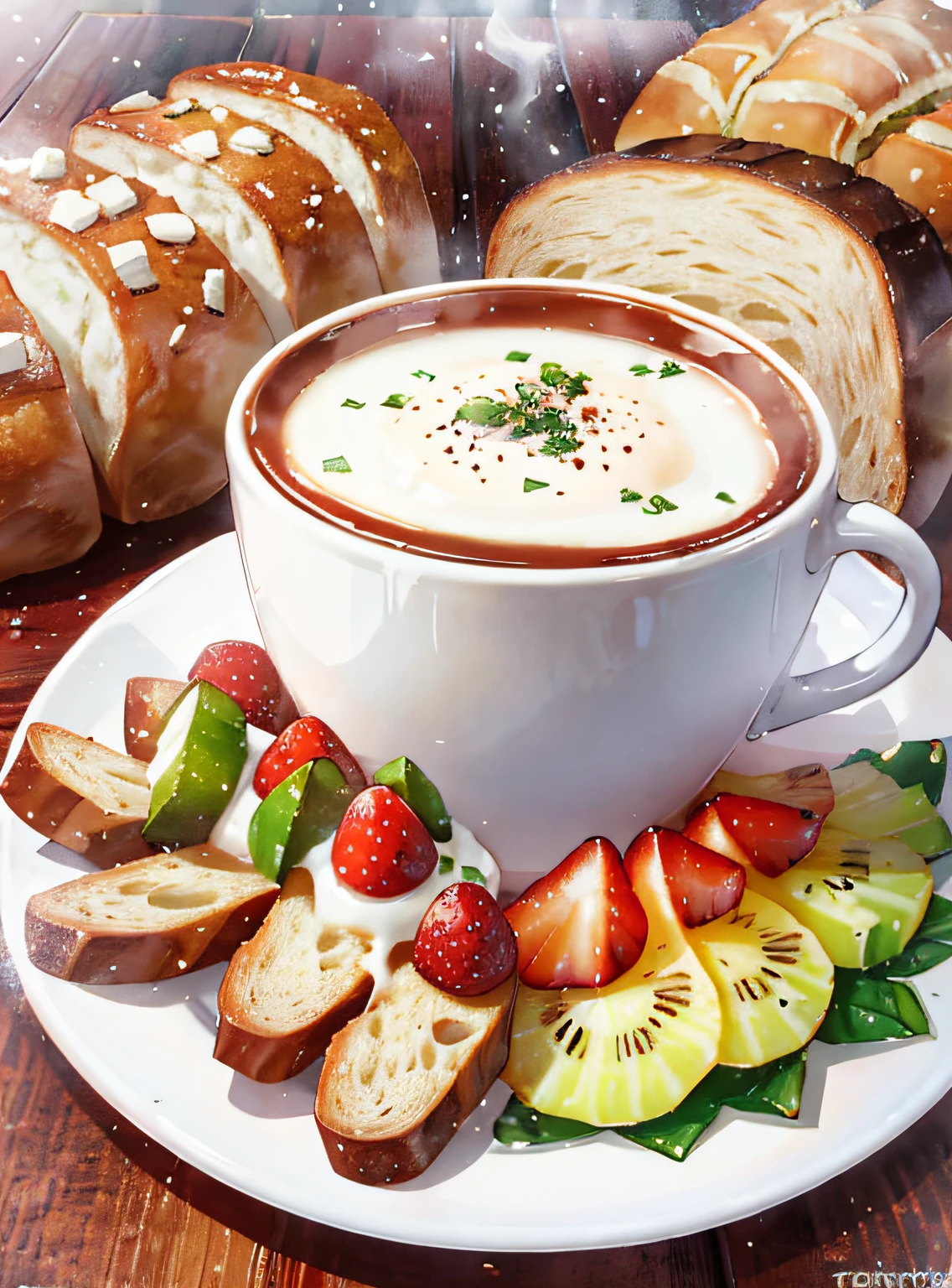 Create an incredible artistic vector that represents a delicious breakfast, with a steaming cup of coffee, torradas crocantes com manteiga derretendo, succulent fresh fruit and a warm bread coming out of the oven. The logo should convey a welcoming feel and whet the appetite of viewers.