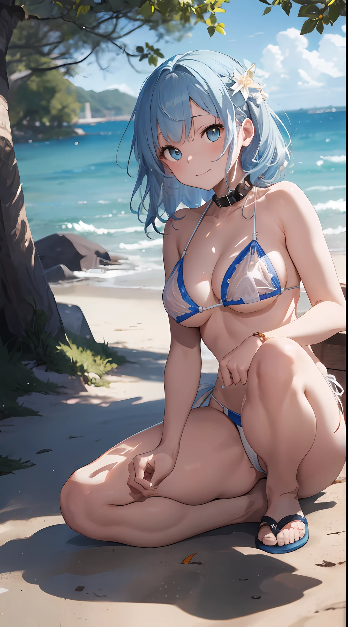 (NSFW:1.2), (8K, Raw photography, Top image quality, A masterpice: 1.4), ultra high def, (Realstic, photorealestic: 1.48), 20 age old, cute  girls, (see-through white micro bikini:1.55), Famous actors of Japan、 (blue hairs:1.7)、1 daughter、Solo Focus、Type Moon Wind、Kyoto Animation Style、Shorthair、Blunt bangs、Inter-eye hairs、side locks、Shiny hair、Beautiful and dense cold face、Seductive smiling、anger、Intricate details beautiful and delicate eyes、Bare shoulders 、small tits、clear eyes、White Skin Skin、hair ornament、swim ring、Beautiful raw back、sandal、Skin dent、collar bone、Raw feet、the beach、Dense sky、White sandy beach、The tree、 very accurate and detailed、absurdist、intensely detailed、16k wallpapers、Realistic texture、Masterpiece to the smallest detail、From Side, looking at the viewers, deadpan, Beautiful lake, Zeiss 150mm f/ 2.8 Hasselblad, A full body, for feet, Ultra Wide Angle