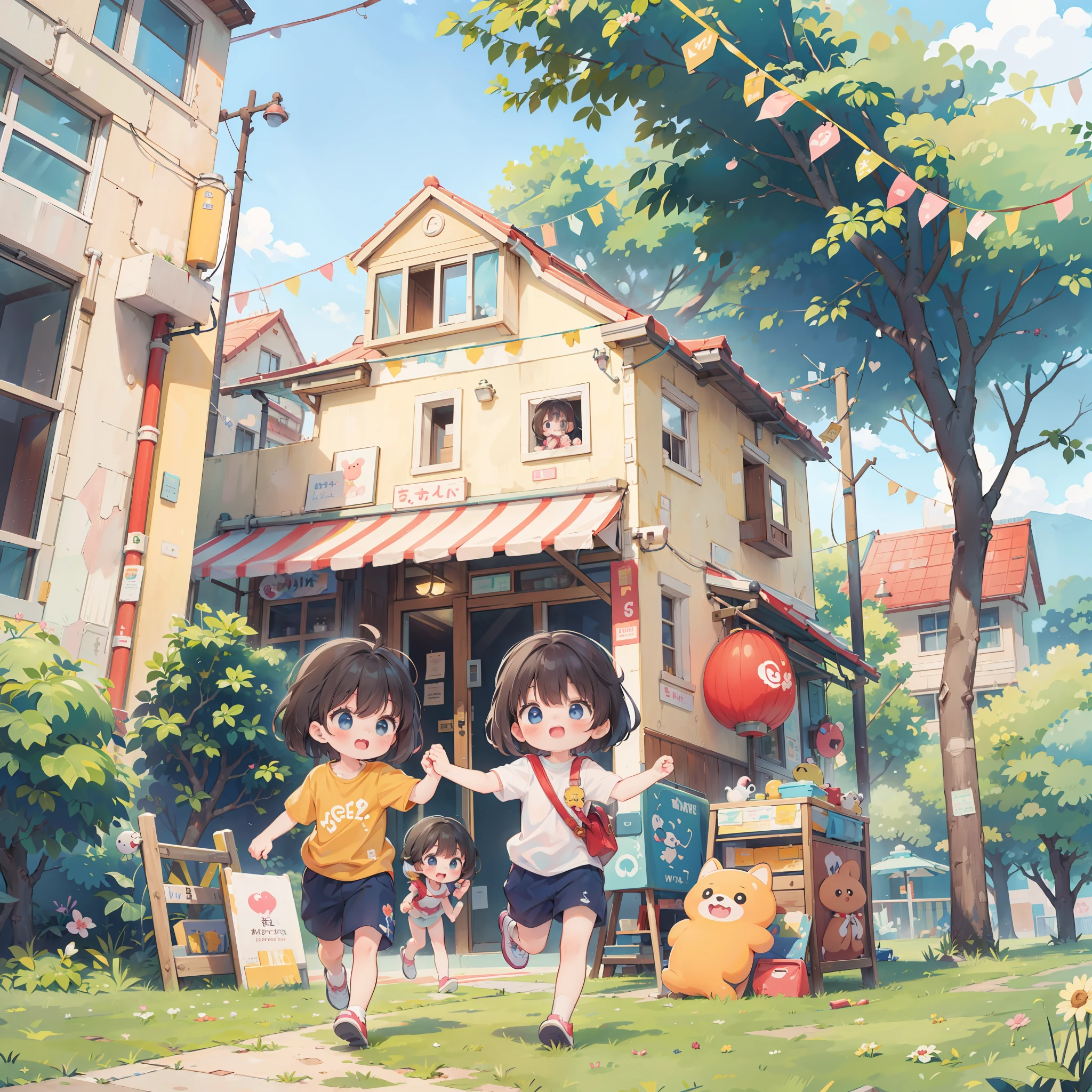 2girls, playing around in the city with a puppy dog, colorful, children book, child anime, cute, adorable, whimsical, illustration, kawaii,