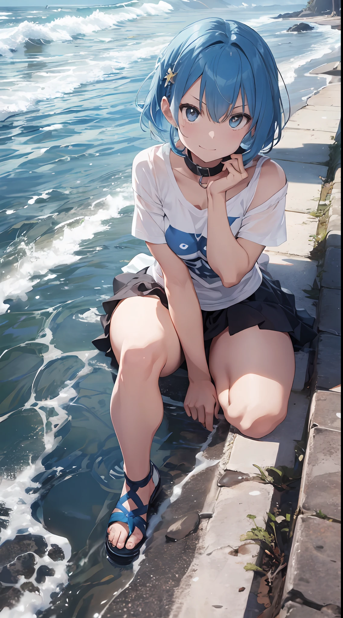 (NSFW:1.2), (8K, Raw photography, Top image quality, A masterpice: 1.4), ultra high def, (Realstic, photorealestic: 1.48), 1girls, Solo Focus, type moon style, Kyoto Animation Style, short-length hair, (blue hairs:1.7), Blunt bangs, Hair Between Eyes, clear eyes, side locks, White hair, Shiny hair, beautiful detailed cold face, Seductive smile, Angry, complex details beautiful and delicate eyes, Bare_Shoulders, Small_Breasts, Gray eyes, White skin, Hair Ornament, (((T-shirt))), swim ring, swimsuit, beautiful bare back, Sandals, Skindentation, collar bone, Bare_Legs, beach, Beautiful detailed sky, White sand, tree, very precise details, absurdist, Extremely detailed, 16k wallpaper,remrezero