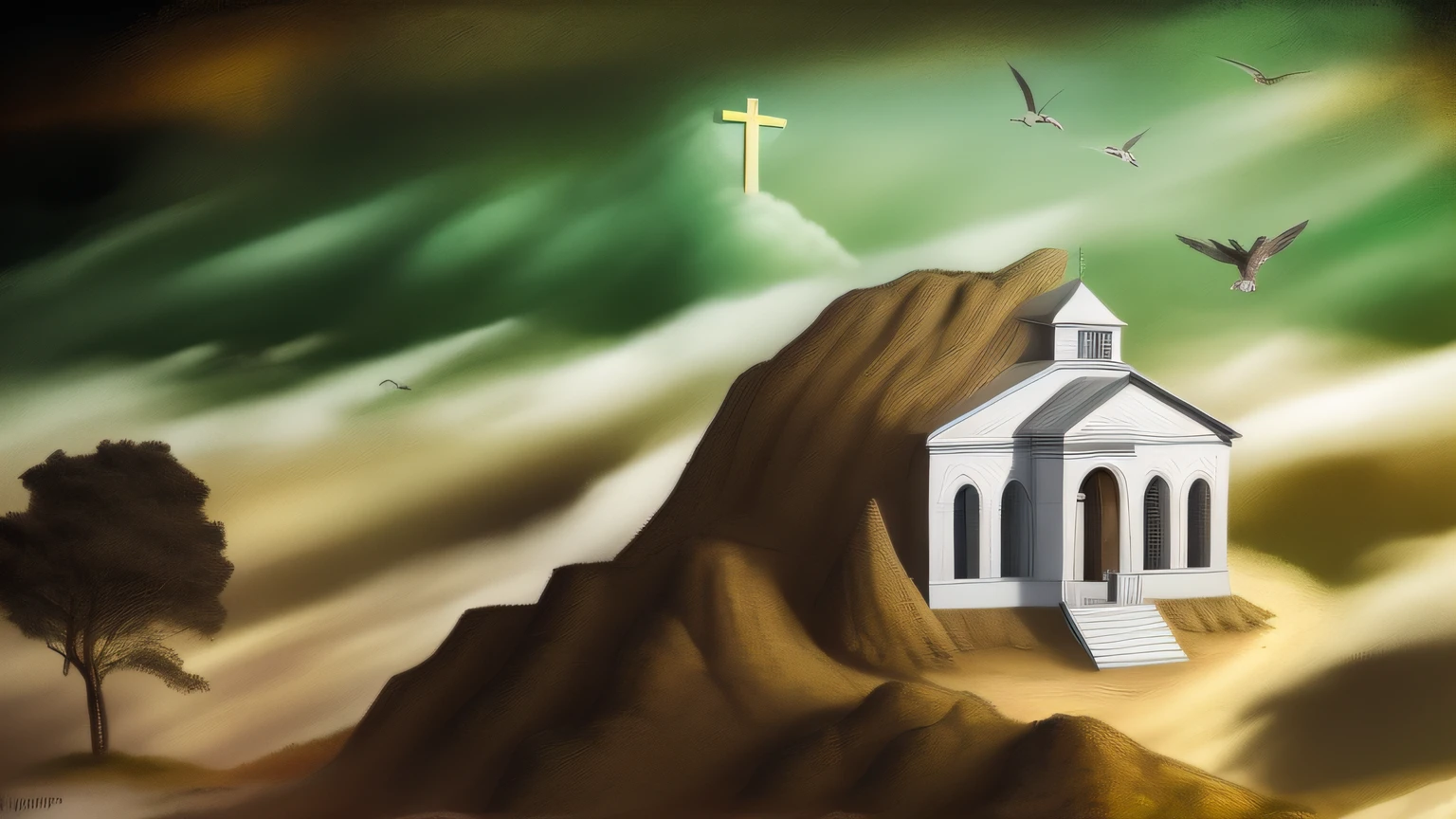 jesus , em frente a uma igreja proximo de uma montanha , ebaixo de uma arvore corres vivas