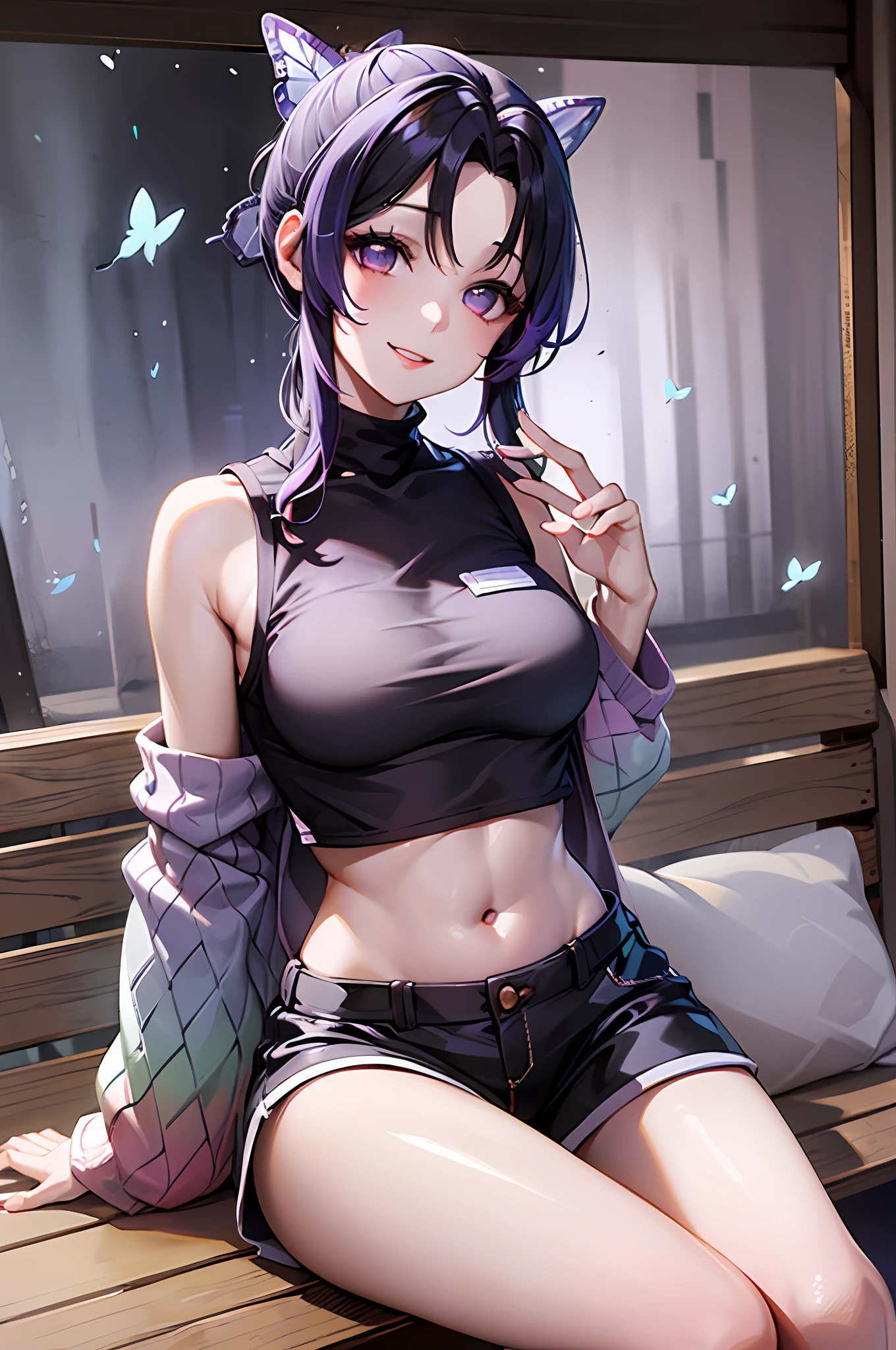 Masterpiece, Best Quality, hight resolution, 1girl, 独奏, Kochou Shinobu, Decorate your hair with a butterfly, violet eyes, multi-colored hair, Short hair, Parted bangs, Short shorts, spreading legs, crop-top, turtleneck top, bellybutton, sitting, bench, exteriors, Smile, Erotica