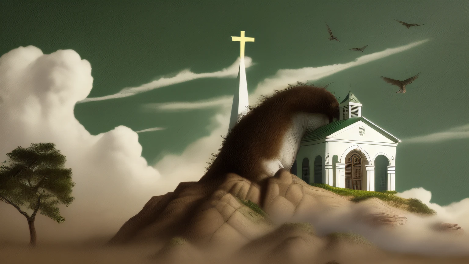 jesus , em frente a uma igreja proximo de uma montanha , ebaixo de uma arvore corres vivas