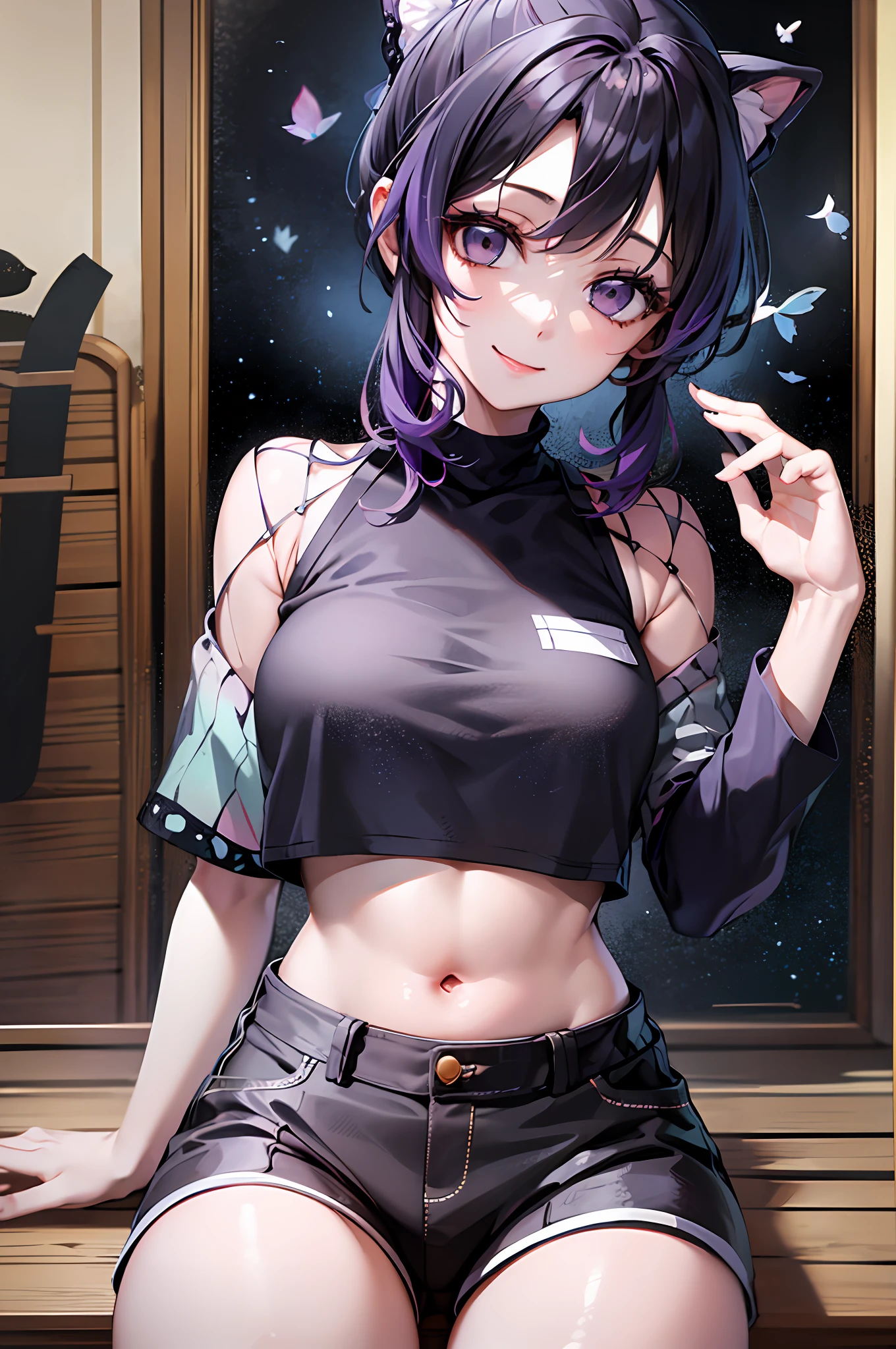 Masterpiece, Best Quality, hight resolution, 1girl, 独奏, Kochou Shinobu, Decorate your hair with a butterfly, violet eyes, multi-colored hair, Short hair, Parted bangs, Short shorts, spreading legs, crop-top, turtleneck top, bellybutton, sitting, bench, exteriors, Smile, Erotica