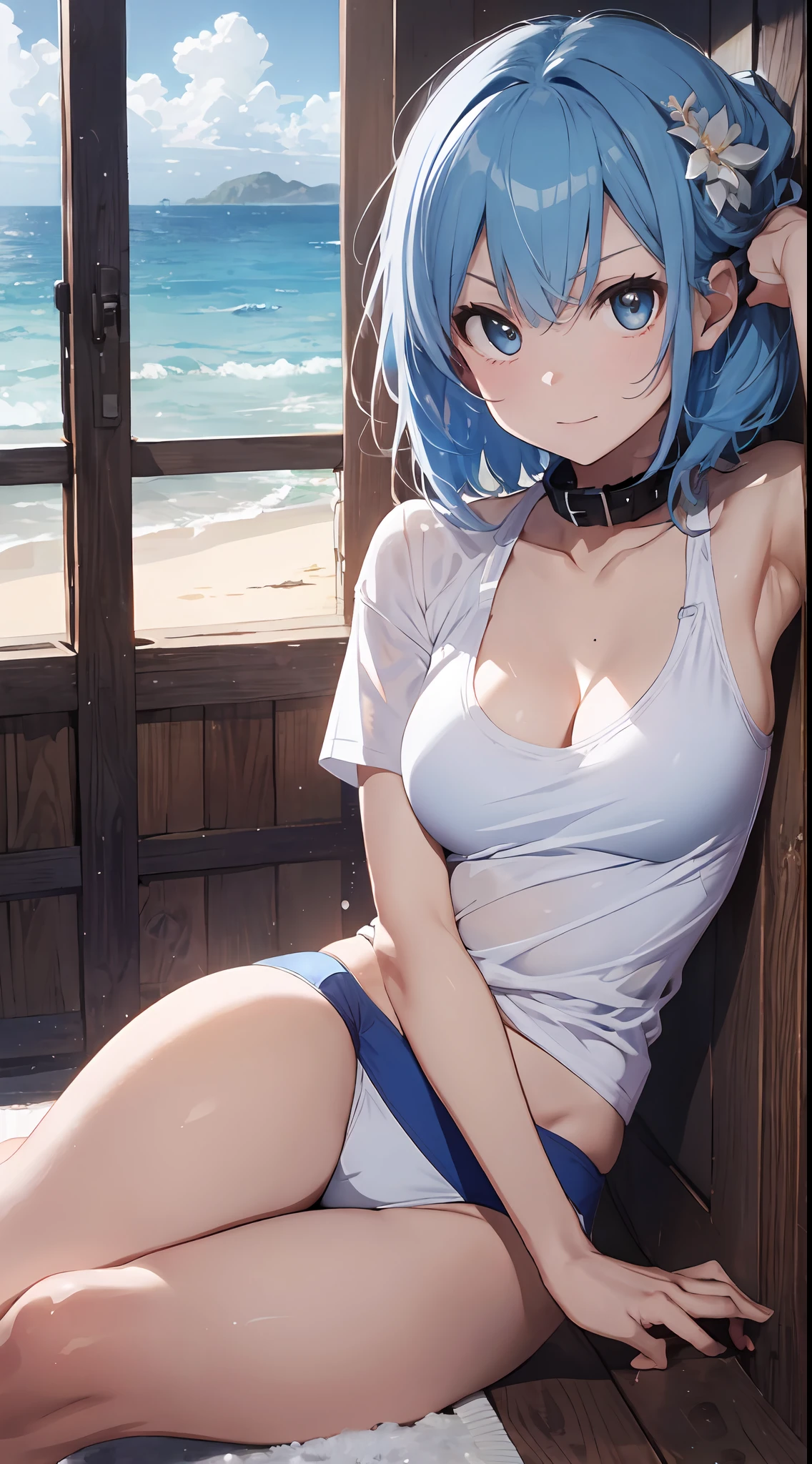 (NSFW:1.2), (8K, Raw photography, Top image quality, A masterpice: 1.4), ultra high def, (Realstic, photorealestic: 1.48), 1girls, Solo Focus, type moon style, Kyoto Animation Style, short-length hair, (blue hairs:1.7), Blunt bangs, Hair Between Eyes, clear eyes, side locks, White hair, Shiny hair, beautiful detailed cold face, Seductive smile, Angry, complex details beautiful and delicate eyes, Bare_Shoulders, Small_Breasts, Gray eyes, White skin, Hair Ornament, (((T-shirt))), swim ring, swimsuit, beautiful bare back, Sandals, Skindentation, collar bone, Bare_Legs, beach, Beautiful detailed sky, White sand, tree, very precise details, absurdist, Extremely detailed, 16k wallpaper,remrezero