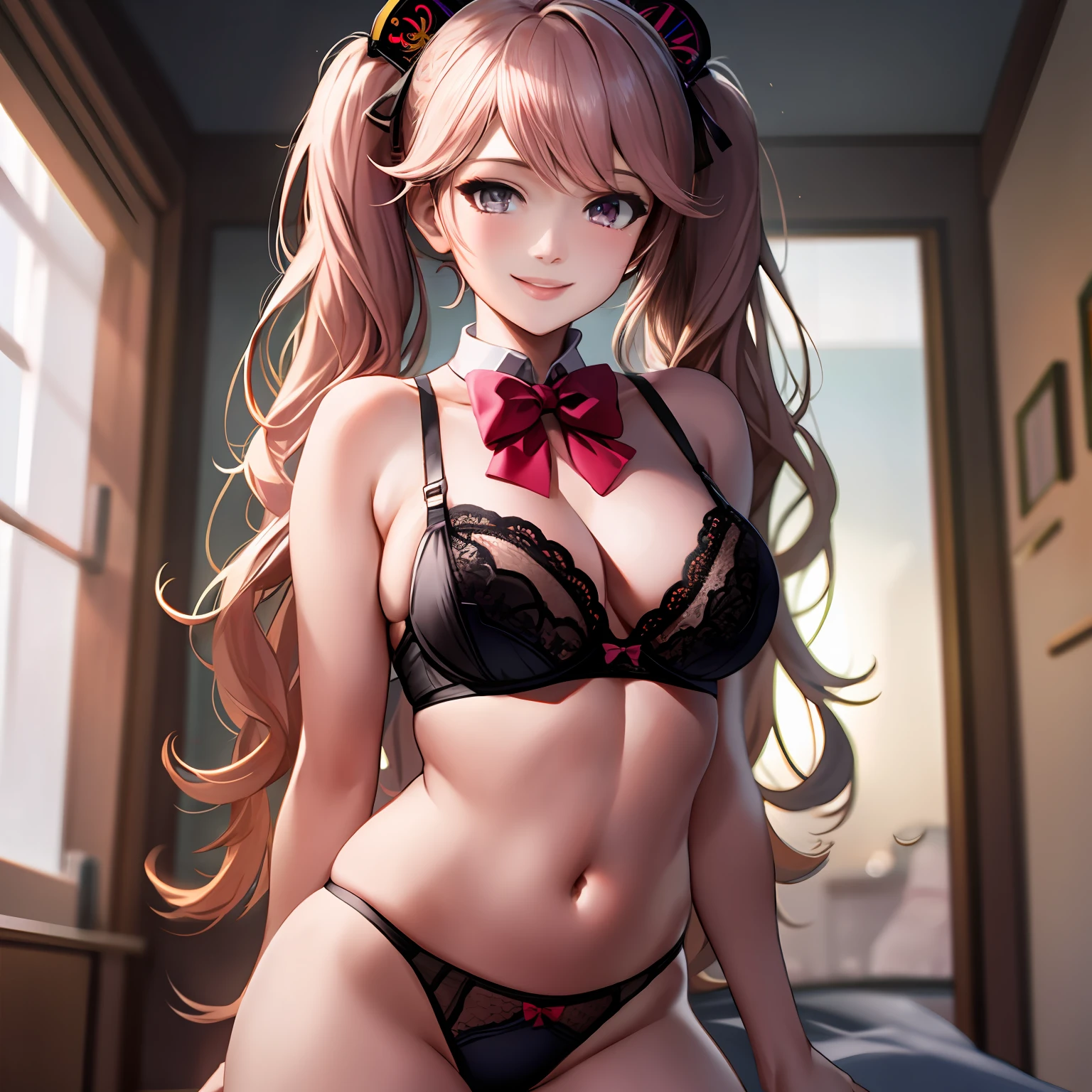 Junko Enoshima 2d, masterpiece, best quality, anime, highly detailed face, highly detailed eyes, highly detailed background, perfect lighting, full body, 1 girl, solo, _casual, twintails, smile, bedroom, solo,1 girl,masterpiece,ultra-realistic,4K,HD,excellent quality,great reflections and contrast,pink multi strap bra and panties,open bowtie panties,crotchless lingerie,black fishnet panties,beautiful smiling woman with Open_Lingerie , standing, realistic, front view, model shoot, visible, bimbo, bright, rear view, bedroom background