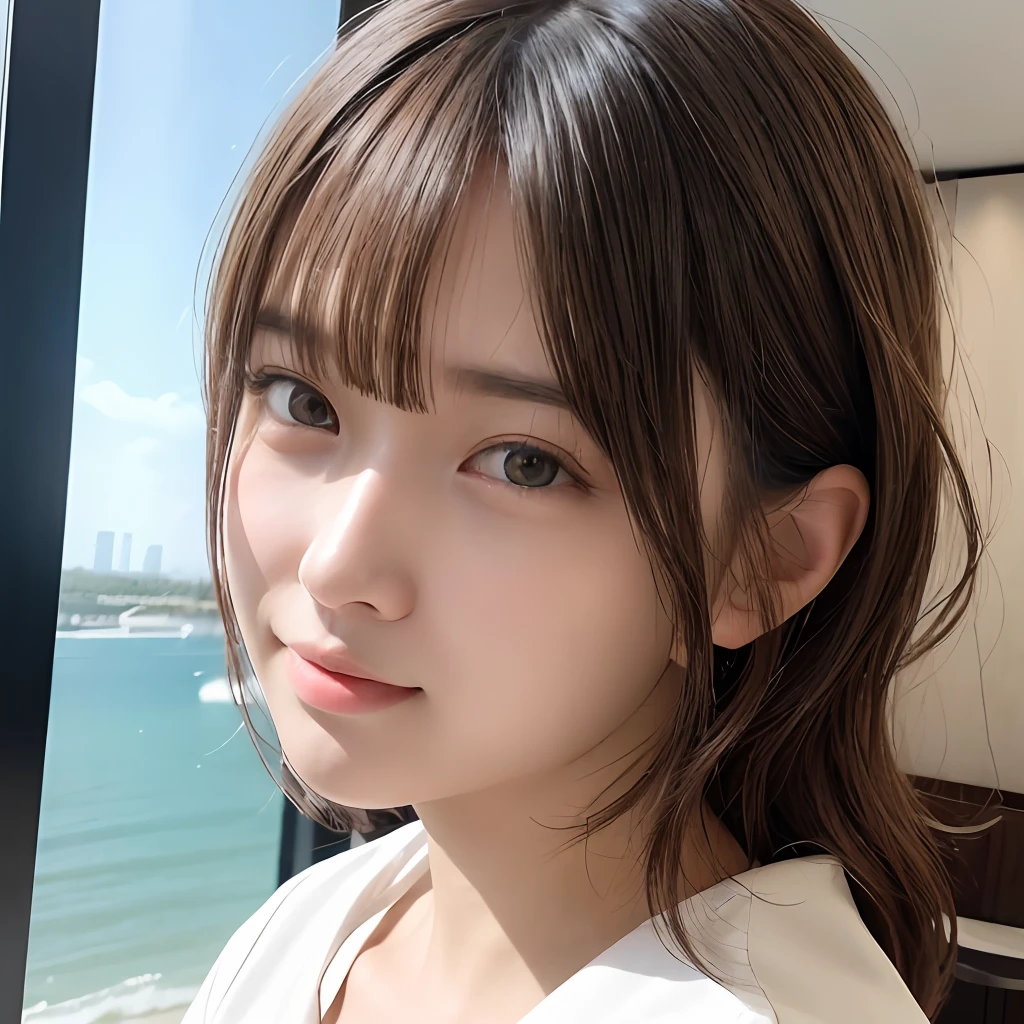 masterpiece, top-quality, 8K, absurderes, (The upper part of the body:1.4), white shirt, beautiful a girl, Clean face, looking at the viewers, A smile, A hyper-realistic, hight resolution, a picture, film grains, chromatic abberation, foco nítido, nffsw, face lights, Dynamic lighting, 电影灯光, Professional Shadows, Luxury hotel window background with sea view, highestdetailed, ighly detailed, ultra-detailliert, finely detail, authentic skin, delicated facial features, detailed faces and eyes, Sharp pupils、Realistic pupils