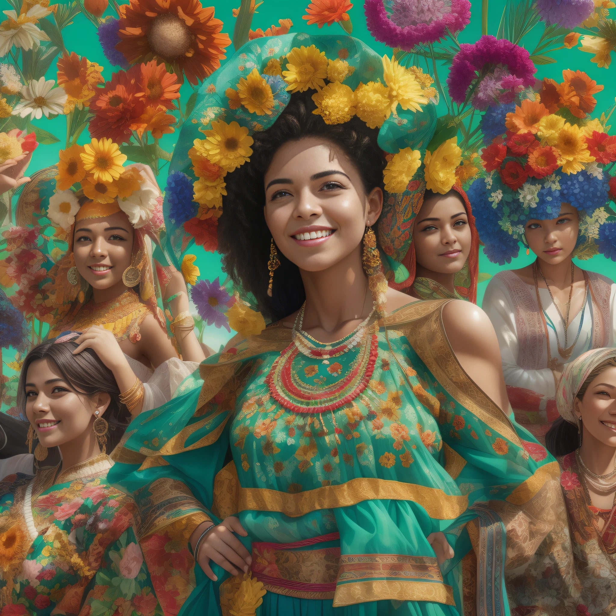 Make a photo of several beautiful women, todas brasileiras,, de muitas etinias diferentes, afrodescendentes, Arab Russians, chinesas, Turco e mexicano, With typical clothes from various regions of Brazil, of various biotypes, Religions, todas sorrindo muito felizes por estarem juntas, ao fundo um dia enssolarado, very blue sky, campo florido com centenas de flores de todas as cores, Realistic cinematic image,16k, obra prima.