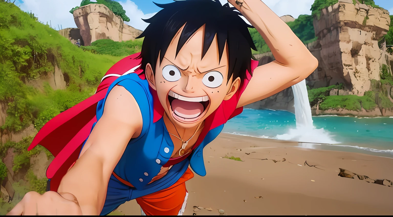 Cartoon of a man falling from a cliff into a body of water, from one piece, Eiichiro Oda Style, animesque」, Luffy, ohararyu, Nicolas Cage: monkey d luffy, Monkey D Luffy, shoun, inspired by Eiichiro Oda, Monkey D. Luffy, anime styled」, One piece, by Eiichiro Oda, Luffy (One piece