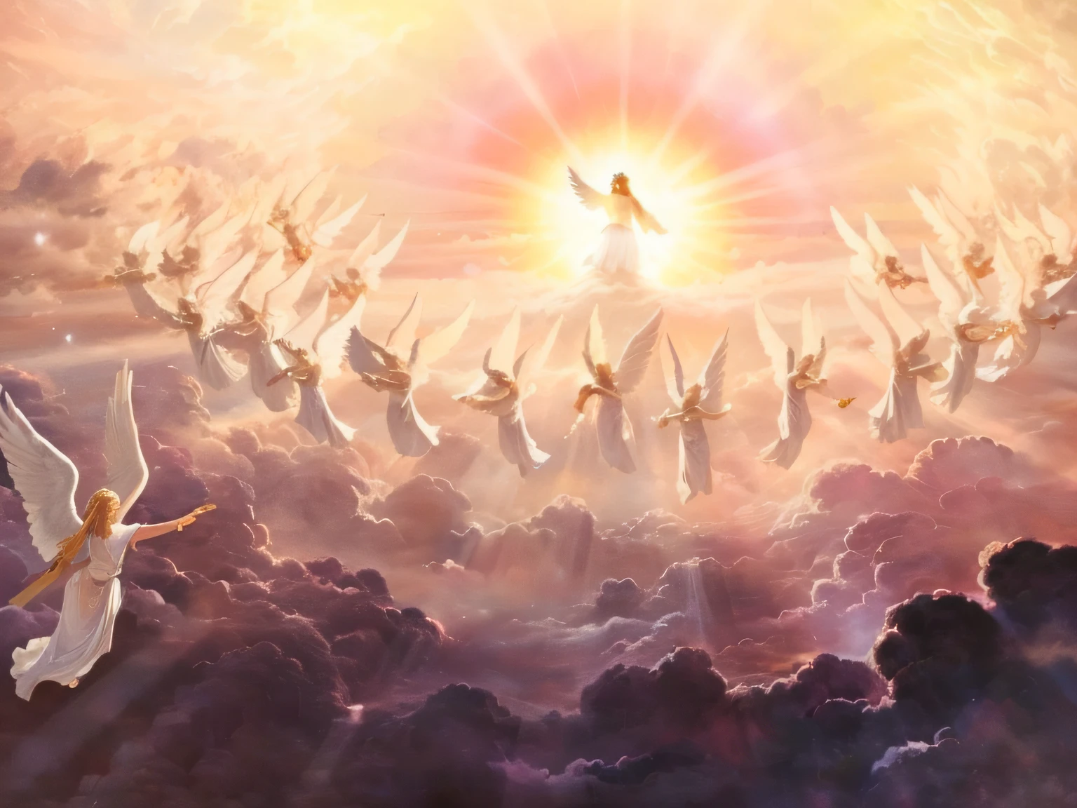 painting of angels flying in the sky with a sun shining behind them, angels in the sky, arrebatamento celestial, Segunda vinda, entre nuvens celestiais iluminadas pelo sol, heaven!!!!!!!!, O Arrebatamento, she is arriving heaven, Flying toasters in the sky, angels protecting a praying man, the gates of heaven, reino divino dos deuses, epic biblical representation