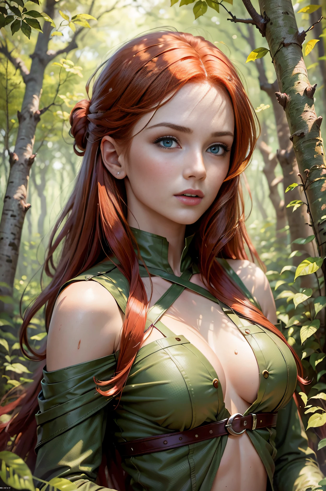 Best Quality, Masterpiece, (Realist: 1.2), Red-haired Woman, Green Eyes, Archer, In the Forest, Shadows and Lights, Detailed Face, Beautiful Eyes, Uncovered Chest, Open Mouth, War Paintings, Love Gaze