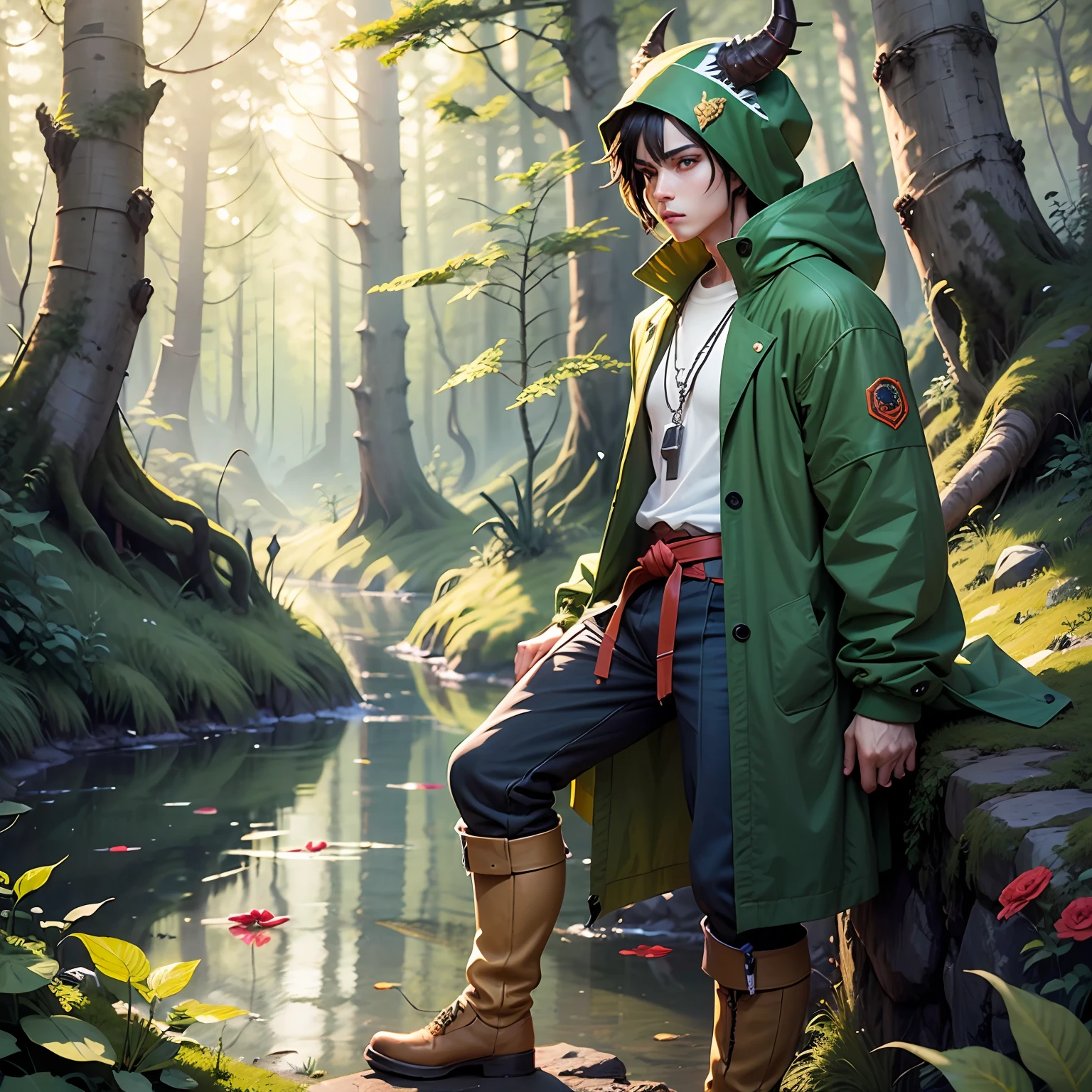 Anime, male character, boy, short messy black hair, white horn on head, green eyes, white skin, dragon in human form, thin body not very strong, wearing green and dark red t-shirt, green jacket with big dark green headdress, red belt with yellow chains, dark green trousers, red boots, anime pose, magical forest environment, dragons, magic, flowers, blue lake, 4k, best quality, well detailed, wallpaper. --auto --s2