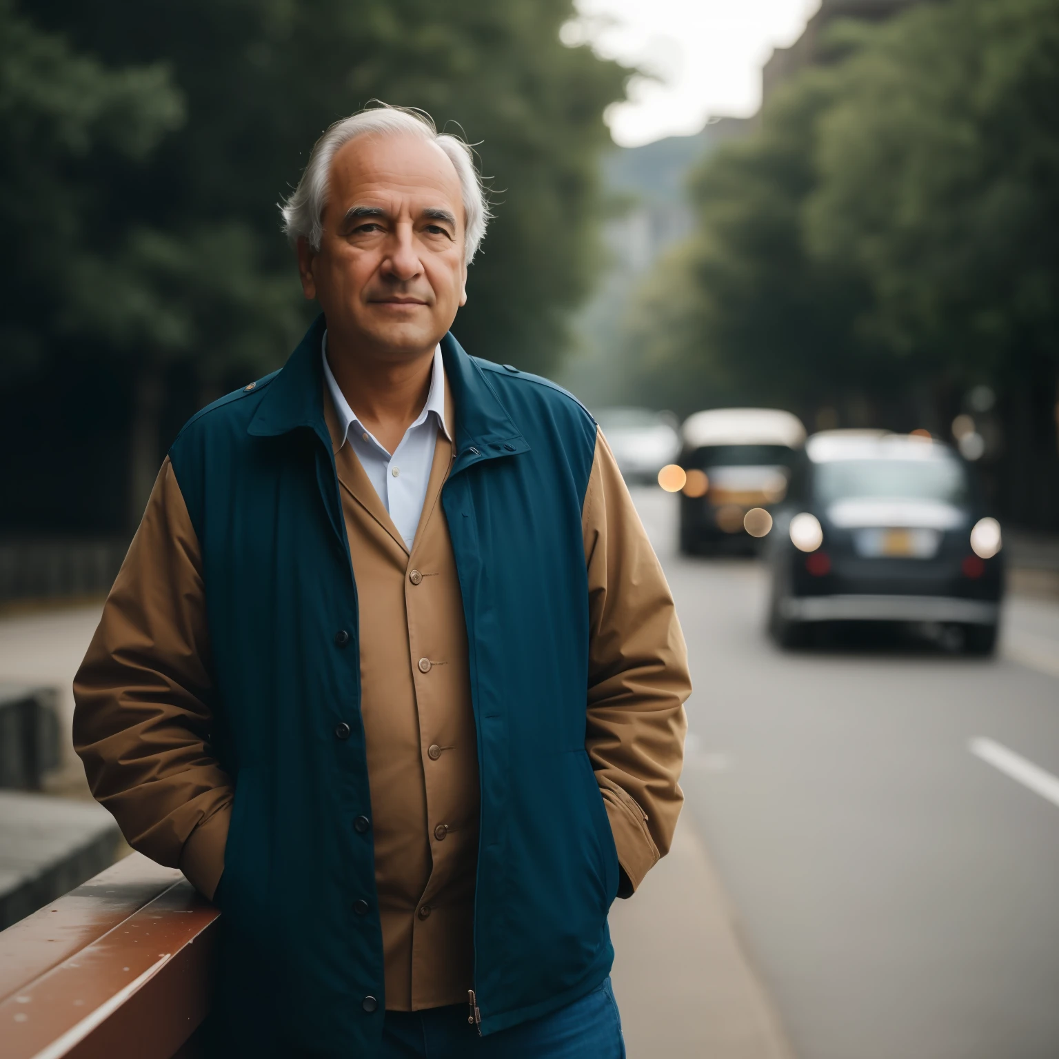 There is a man standing on a street with cars in the background, Retrato no meio da foto, Directed by: Etienne Delessert, retrato de alta qualidade, Renzo Piano placeholder image, Directed by: Hristofor Zhefarovich, homem bonito, mid portrait, old charismatic mechanic, Directed by: Alejandro Obregon, foto ainda, Directed by: Andrew Wroblewski