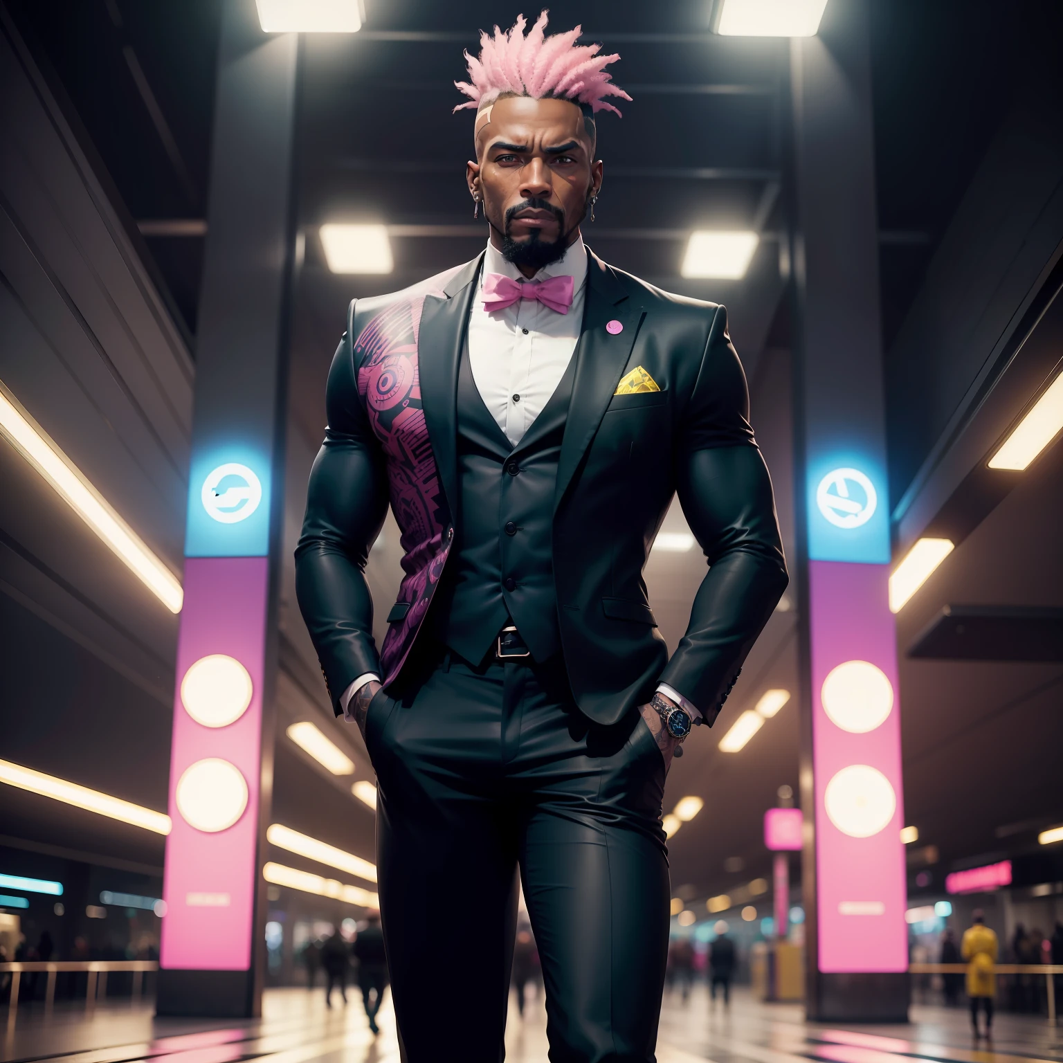 gostaria de uma imagem estilo cyberpunk em 4k de um homem de mais ou menos 50 anos ,portanto,preto,africano, forte, musculoso,Bodybillder,muito forte de pele negra ,com cabelo punk estilo anos 80 na cor amarelo e cinza escuro,muito eLegante,, futurista e estiloso neon , com uma tatuagem super colorida e com neon ,Toattoo, facing a metro station on the platform , with station lights failing in a dimly lit environment, standing dressed in a dark yellow suit with a pink bow tie