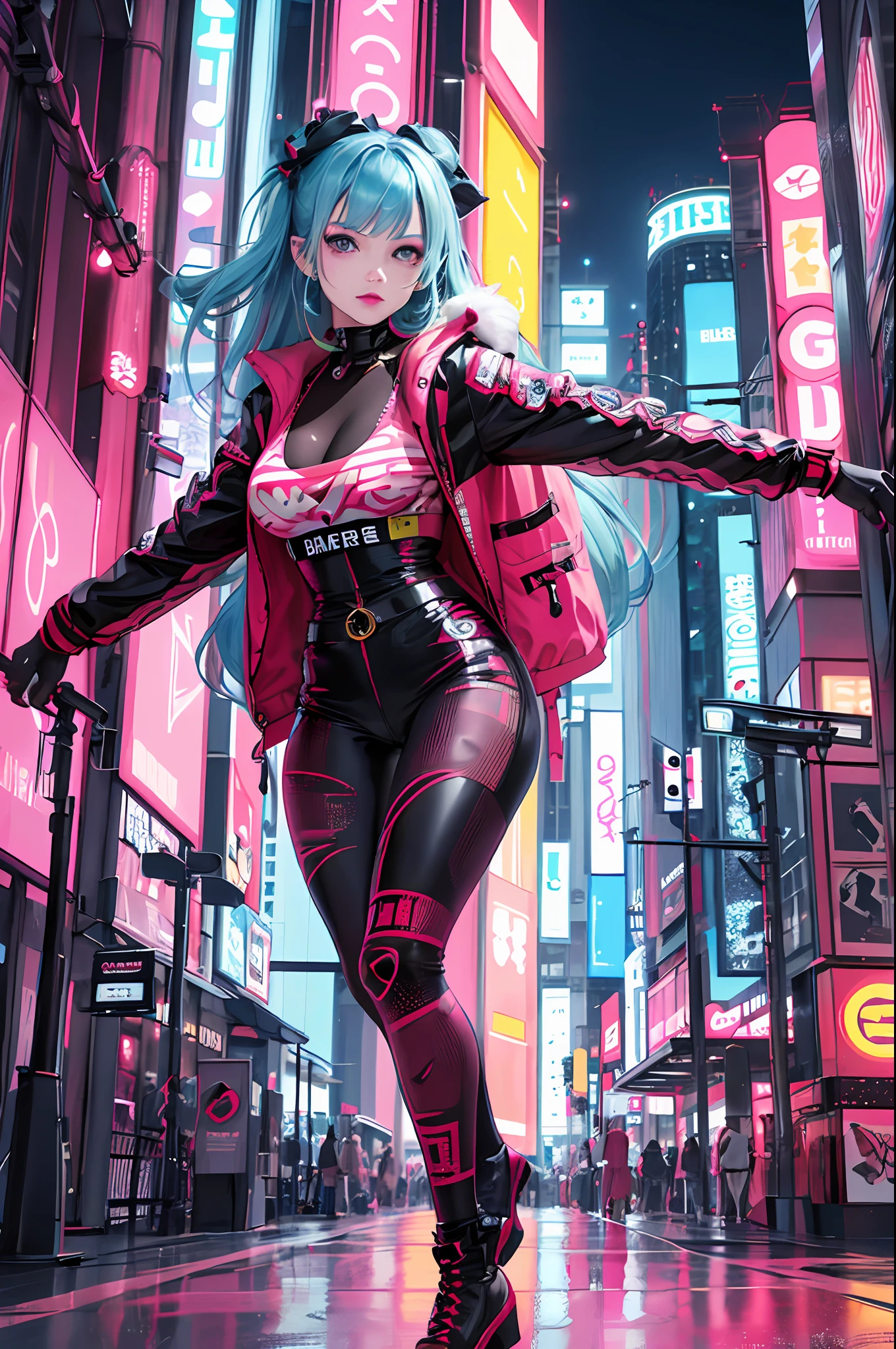 masterpiece, best quality, full body, 1girl, looking at viewer, Confident girl with slightly sassy expression, Harajuku-inspired pop outfit, bold colors and patterns, eye-catching accessories, trendy and innovative hairstyle, vibrant makeup, futuristic and dazzling cyberpunk cityscape, skyscrapers, neon signs, LED lights, bright and vivid color scheme, anime, illustration, detailed skin texture, detailed cloth texture,  beautiful detailed face, intricate details, ultra detailed, photorealistic, cinematic lighting, depth of field f/1.8