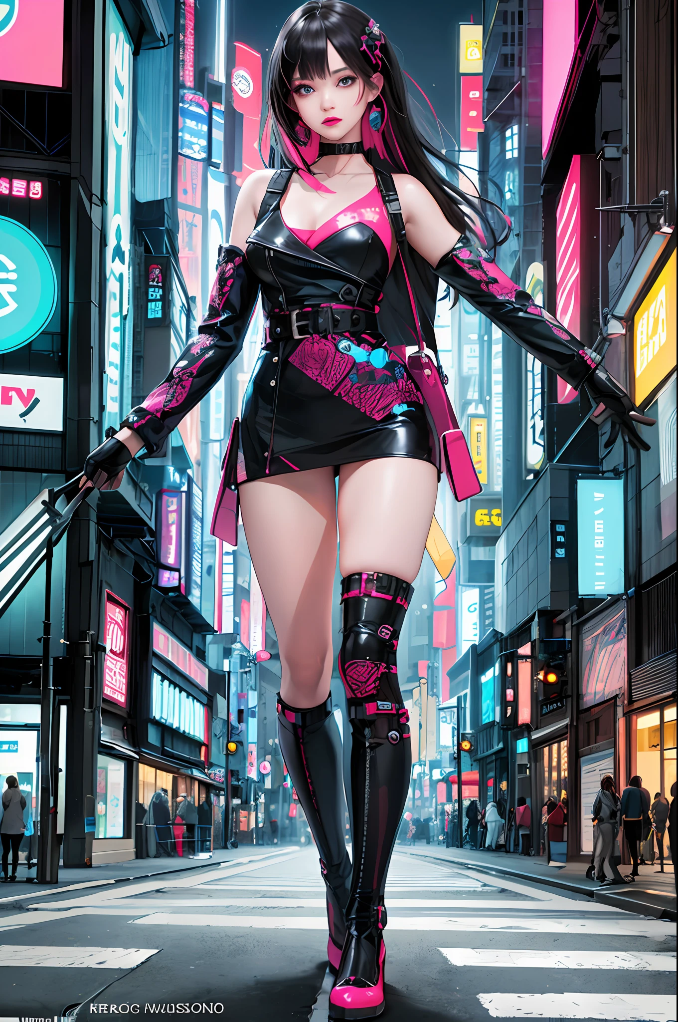 masterpiece, best quality, full body, 1girl, looking at viewer, Confident girl with slightly sassy expression, Harajuku-inspired pop outfit, bold colors and patterns, eye-catching accessories, trendy and innovative hairstyle, vibrant makeup, futuristic and dazzling cyberpunk cityscape, skyscrapers, neon signs, LED lights, bright and vivid color scheme, anime, illustration, detailed skin texture, detailed cloth texture, beautiful detailed face, intricate details, ultra detailed, photorealistic, cinematic lighting, depth of field f/1.8