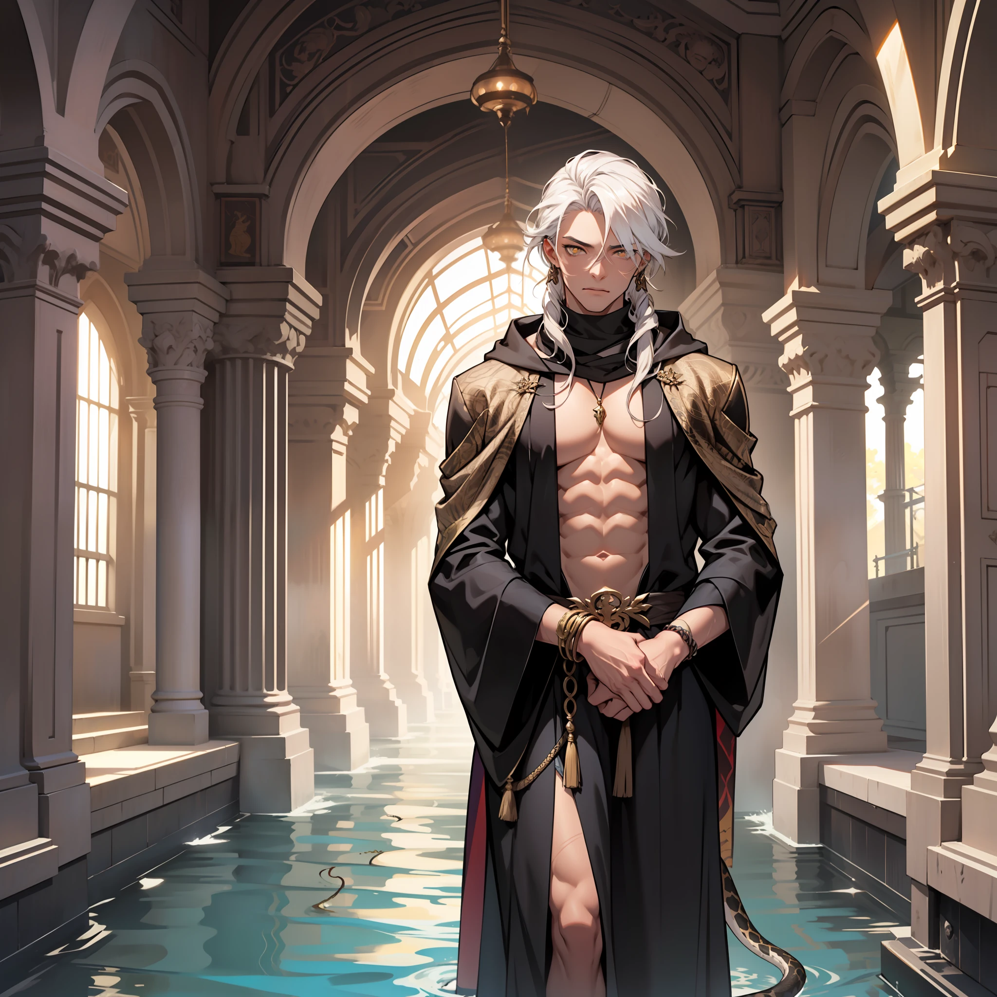 I stand six foot and six inches in height. I have long white hair tied up neatly. My eyes are yellow, with snake-like slits for pupils, like those of the basilisk. My body is sculpted to perfection, like that of an adonis, with muscles that ripple under the sun's light. My skin is bronze-like. I wear a long black silk robe that is adorned with silver trim, which flows behind me like a river when I move my body. Sometimes I wear a cloak draped over my left shoulder, so when I walk it looks like I'm carrying a long serpent in tow.