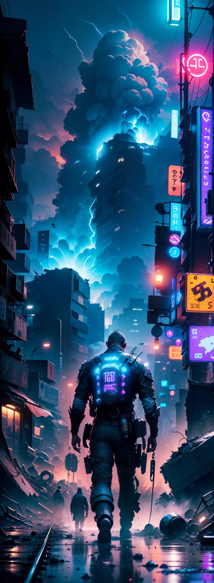 ((wide view)), (((wasteland))), (broken streets), (((a man standing in front of huge mechanical wreckage))), (dim light), (broken bridge), steel bars, (((air rail cars))), scattered power lines, electric sparks, tattered future vehicles, garbage dumps, ((stagnant water in the beach)), rocks, ((dense weeds)), (dense dust smoke), ((ruined neon lights)), thick clouds, ((night view)), high quality, (super fine) , (light detailed), detailed, accurate, 16k resolution, master works, (cinematic lighting), (cyberpunk style), dynamic perspective