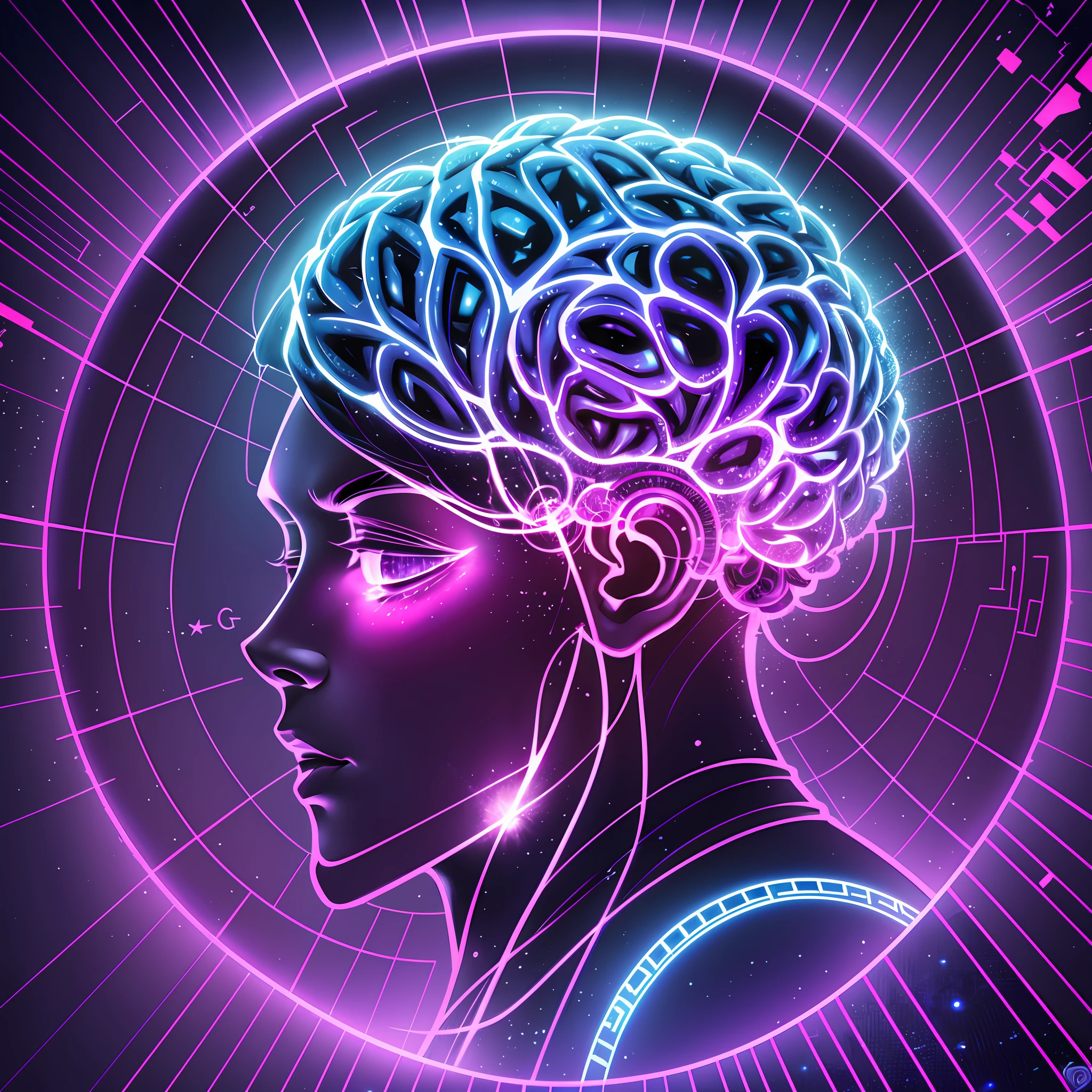 A profile picture is a square picture that can be used vertically. No centro da imagem, there is a silhouette in the shape of a brain. Esta silhueta cerebral tem um visual moderno e estilizado. The inside of the brain is filled with metallic and shimmering circuits. The circuits are interconnected to form a complex network. Metal parts and digital codes seem to move-se dentro da silhueta cerebral. Above and below the brain silhouette is a faint beam of light. The beam of light indicates a source of artificial intelligence and makes the image dynamic. In the background, there is a gradient effect in shades of blue and purple. This gradient changes color with a smooth transition from top to bottom. The silhouette of the brain is drawn in a minimalist style and has sharp lines. The colors are vibrant and striking, but at the same time offer a modern feel.