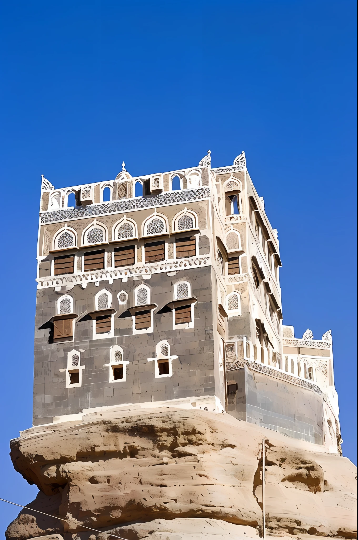 A building known on a rock with a blue sky in the background, Arabic architecture, A mansion on the top of the hill, A palace floating in the sky, Highly decorative, Islamic architecture, Maghreb architecture, Stunning picture, Exquisitely decorated, Decorative carved architecture, High Detail - Complex -, Extremely complex, Very decorative, Old, Complex decorative