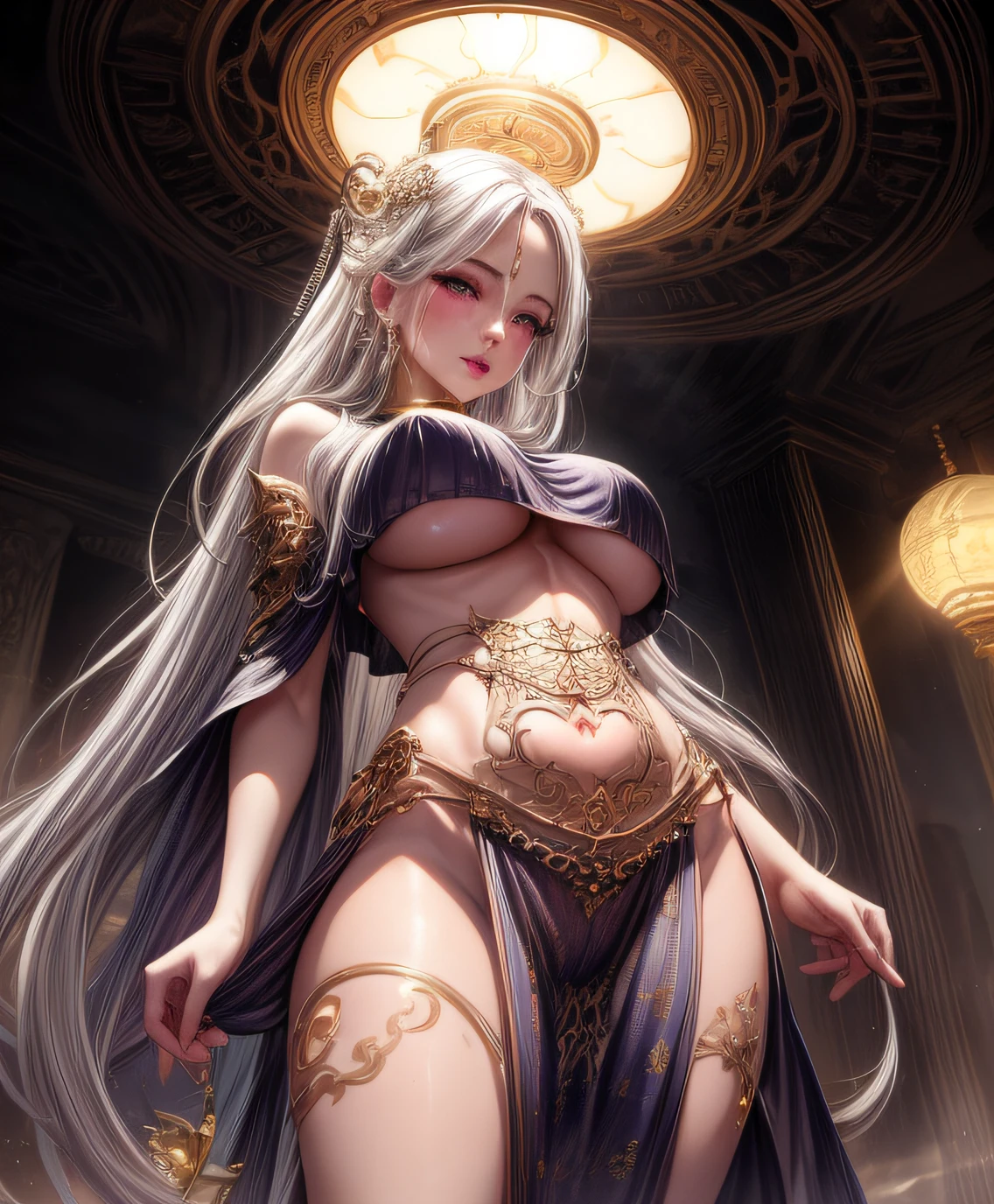 realistic, 1girl, waist long white hair, large breasts,, purple eyes, detailed iris, glowing eyes, crop top, skirt, parted lips, (flipping crop top:1.5), flipping skirt, blush, night, sun, sunlight, (underboob:1.5), while jumping, (cameltoe:1.4), view frm below ,visible vaginal hair, pink pesones, transparent clothes,face by tom bagshaw art station,, Moon Goddess, Full Length Figure,Sakimichan art, oriental mandala tattoo, fractal background, silver and gold and bronze spirit, floating antique clock, antique lamp, splash, seductive pose, visible pubic hair , visible small breasts, full body, beautiful European Caucasian girl, sexy lady beauty, bare breasts,, ancient temple interior, roman columns,ong platinum hair, long platinum and gold hair, view from below,