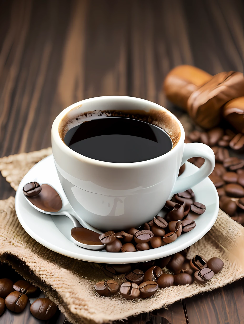 roasted coffee and beans spread over on a cloth with a cup of clay coffee photographed with a 35mm HDR ultra realistic macro camera