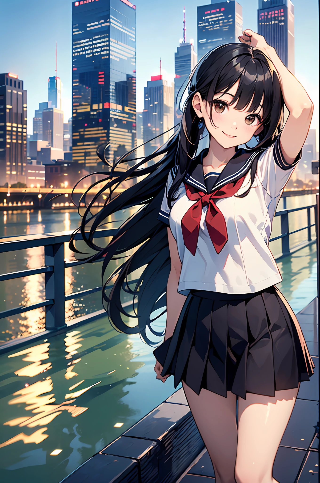 (top-quality、in 8K、32K、masterpiece、nffsw、ighly detailed:1.2)、cowboy shot, (Vibrant city skyline reflected on the tranquil waterfront:1.4)、beautiful shadow、beauitful face、blurry backround、 beautiful girl、shinny skin, Beautiful black hair、Blunt bangs、 side poneyTail、Brown eyes、a sailor suit、pleatedskirt、Black socks、Black shoes、A smile、Raising arms、Dynamic Pose,