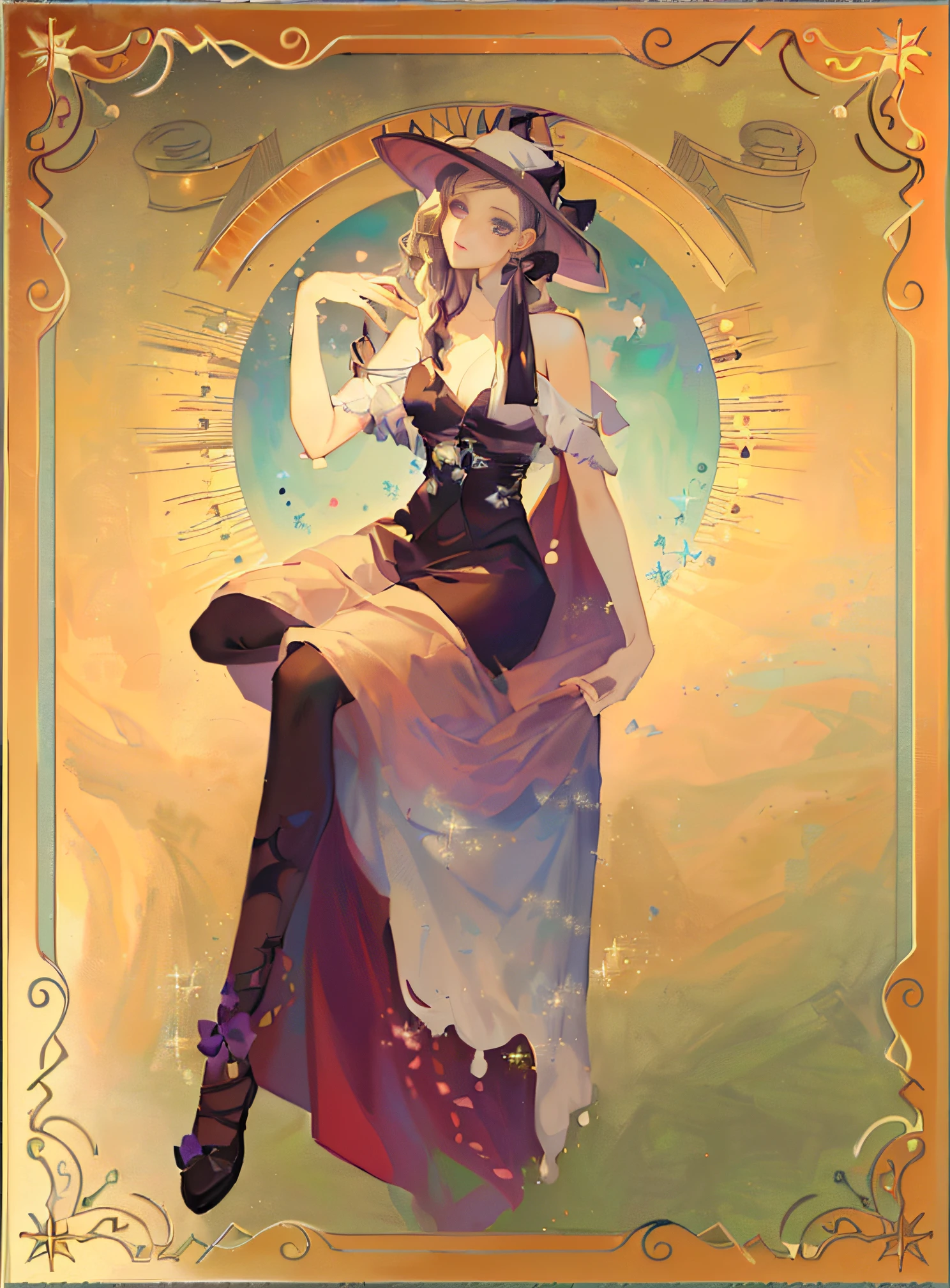 a close up of a woman in a dress and hat sitting on a chair, anime art nouveau, anime art nouveau cosmic display, [ tarot card ]!!!!!, korean art nouveau anime, style of charlie bowater, official illustration, in the art style of bowater, in style of charlie bowater, ethereal anime, castlevania witch, as a tarot card, official fanart