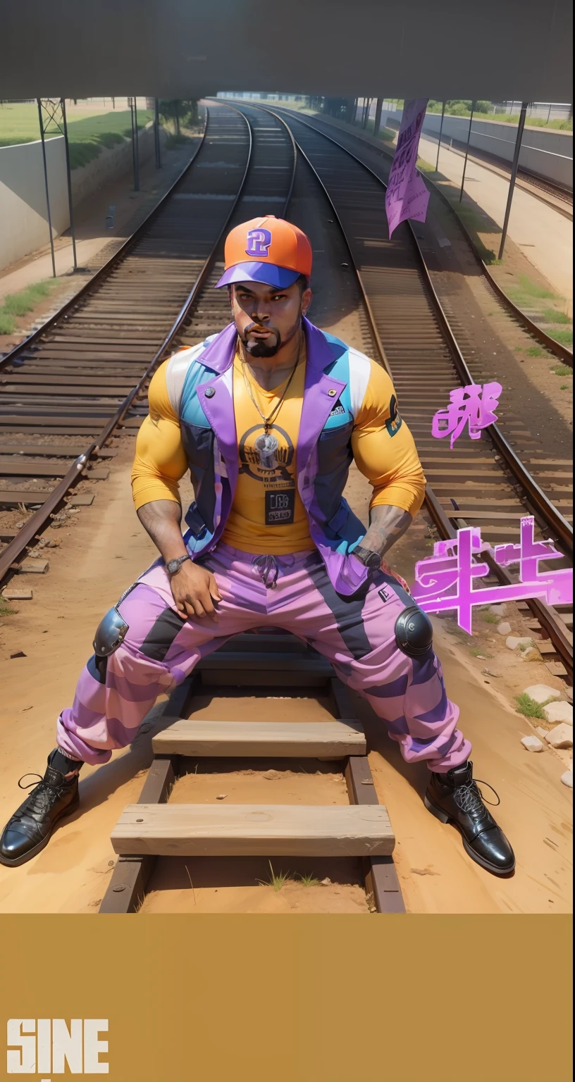 "desenho dos desenhos animados de um garoto negro e gordinho, in orange cap, camiseta laranja, purple checkered vest and purple pants, In the middle of the tracks in a train are, anime, cell shaded!!!, garoto negro, Negan, afro-americano, rapper, gordo, fat man, gordinho, alto, grande, forte, homem forte, manga-style, Fanart oficial, um personagem, inspirado em Stan Stokes, Estilo anime, inspirado em Hirohiko Araki, inspirado em Utagawa Yoshitaki, inspirado em Hirohiko Araki, no signature, sem assinatura, remover assinatura, remover letras"