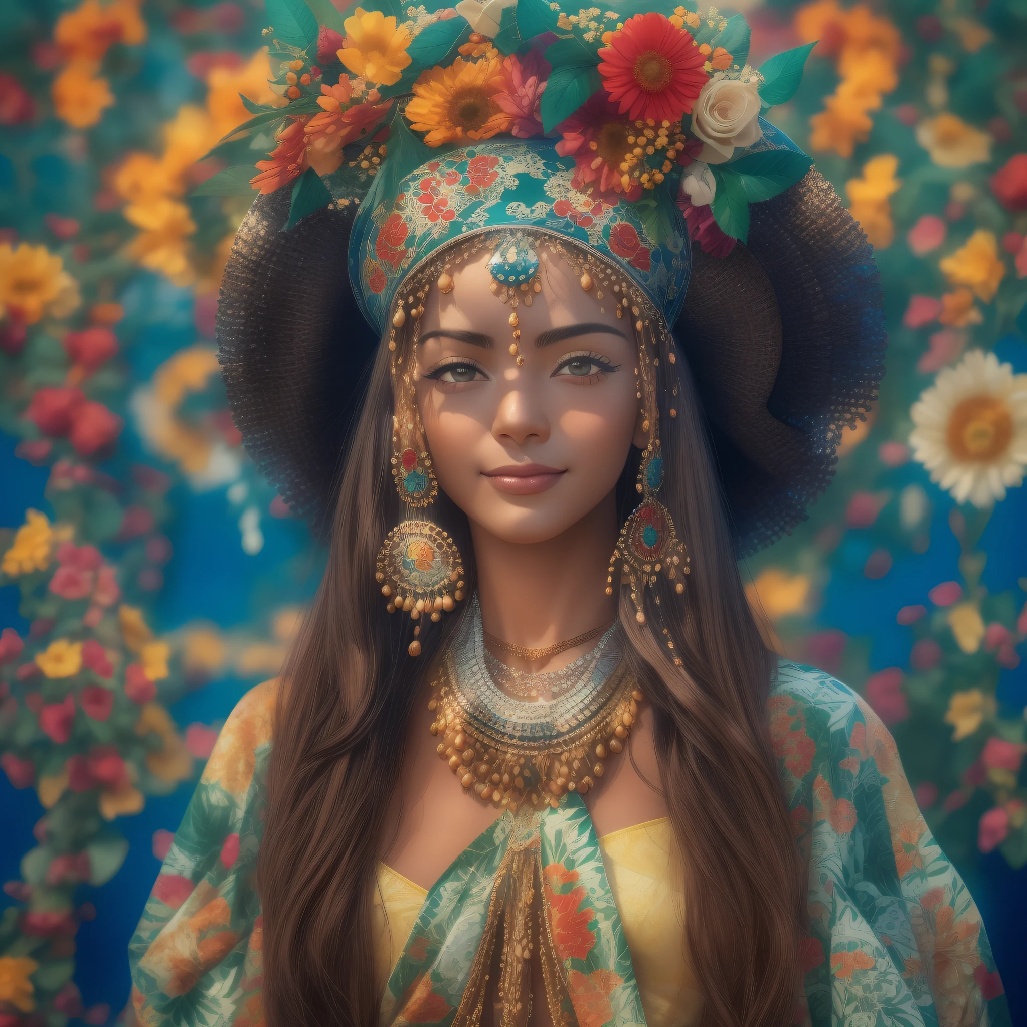 Make a photo of several beautiful women, todas brasileiras,, de muitas etinias diferentes, afrodescendentes, Arab Russians, chinesas, Turco e mexicano, With typical clothes from various regions of Brazil, of various biotypes, Religions, todas sorrindo muito felizes por estarem juntas, ao fundo um dia enssolarado, very blue sky, campo florido com centenas de flores de todas as cores, Realistic cinematic image,16k, obra prima.