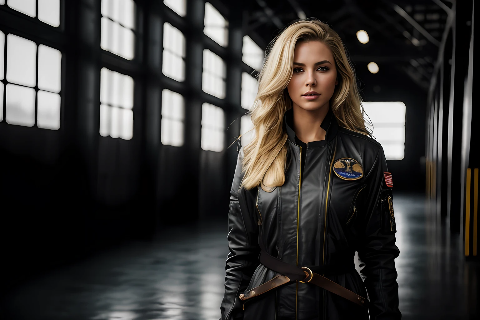 photorealistic full body portrait of stunning, sly female pilot in a hangar, old leather uniform, bomber jacket, (8k, RAW photo, best quality, masterpiece:1. 2), (realistic, photo-realistic:1. 37) ultra-detailed, beautiful detailed eyes, beautiful detailed lips, a captivating gaze, and an alluring expression. beautiful dynamic dramatic dark moody lighting, shadows, cinematic atmosphere, photograph, focal length, ((waist long, messy, wild, blonde, hair)),