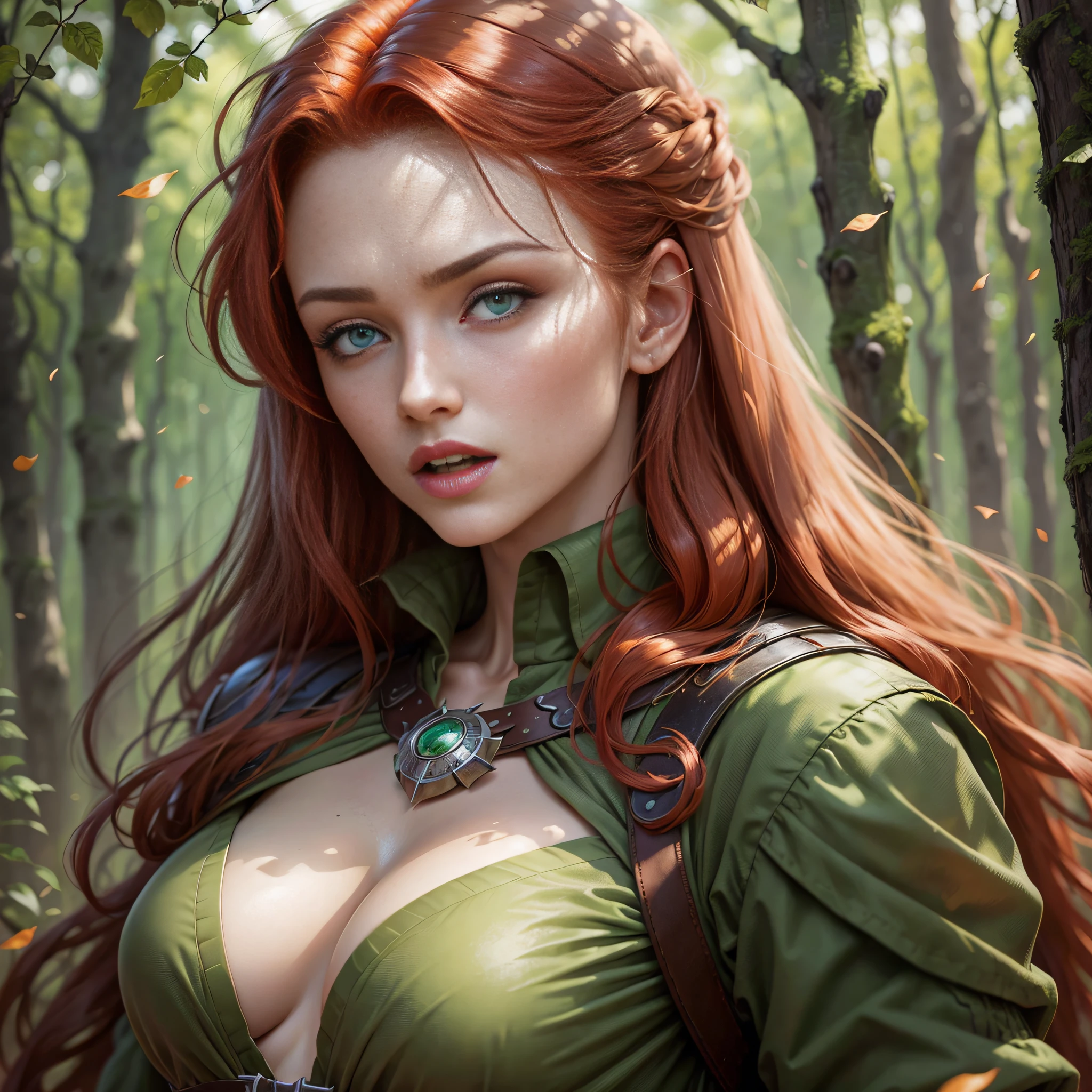 Best Quality, Masterpiece, (Realistic: 1.5), Photo-realistic, Red-haired Woman, Green Eyes, Archer, In the Forest, Shadows and Lights, Detailed Face, Beautiful Eyes, Uncovered Chest, Open Mouth, War Paintings, Love Gaze --auto --s2