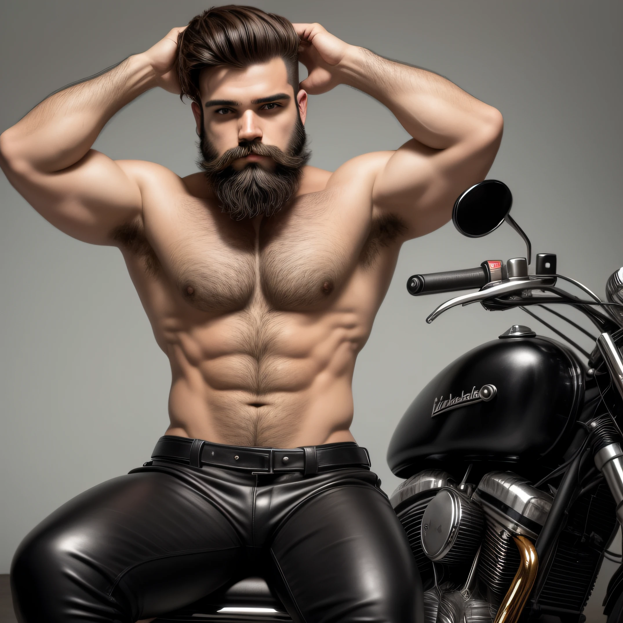Foto de realista de um homem barbudo e muito peludo, He's shirtless wearing only black leather pants sitting on a retro motorcycle