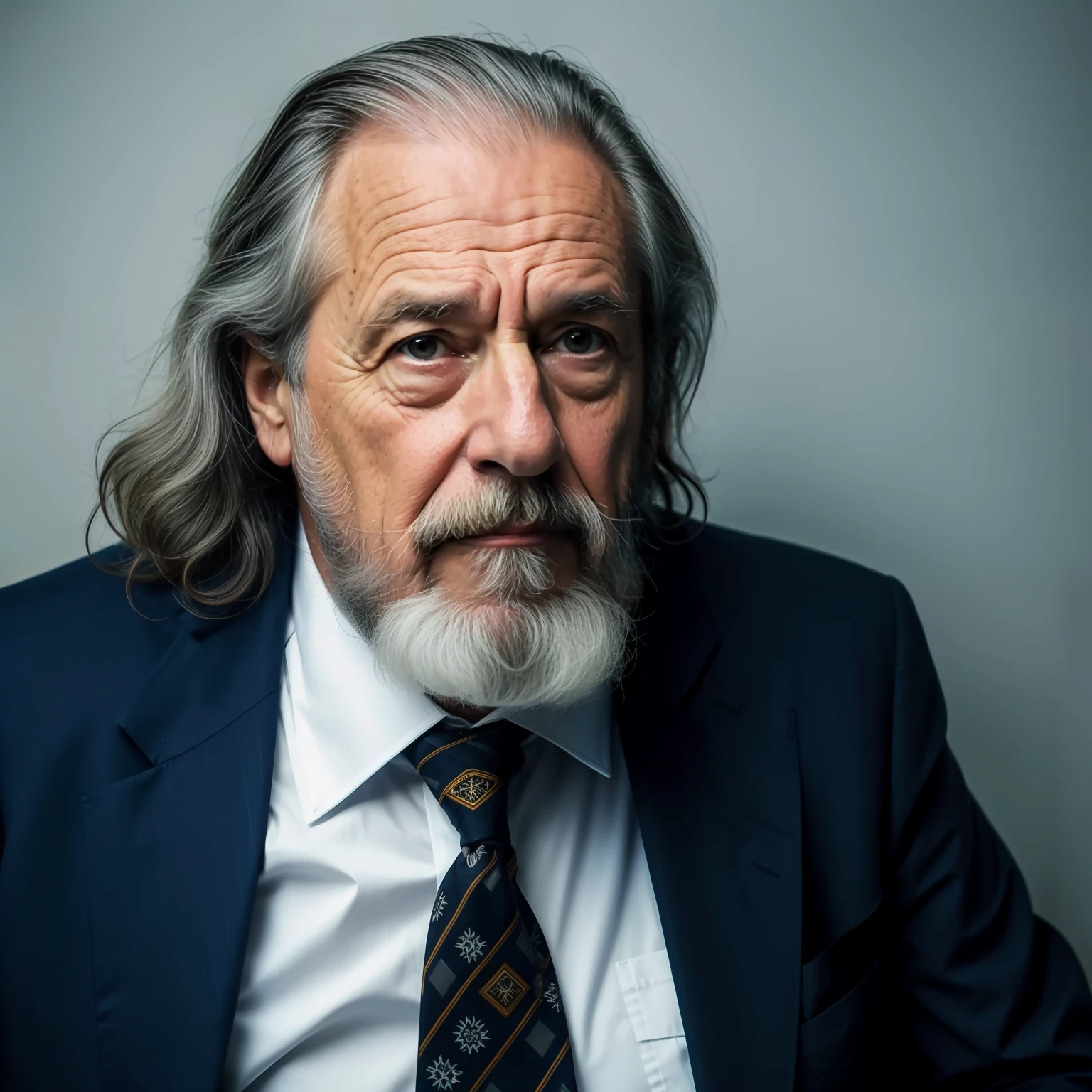 homem arafed com uma longa barba e uma jaqueta de terno, foto do retrato de um homem velho, inspirado em John Noble Barlow, ele tem barba e cabelos grisalhos, retrato do homem velho, Gigachade velho com barba cinzenta, homem bonito, um homem de 80 anos, retrato de alta qualidade, barba e cabelo brancos muito longos, barba e cabelo brancos arrumados