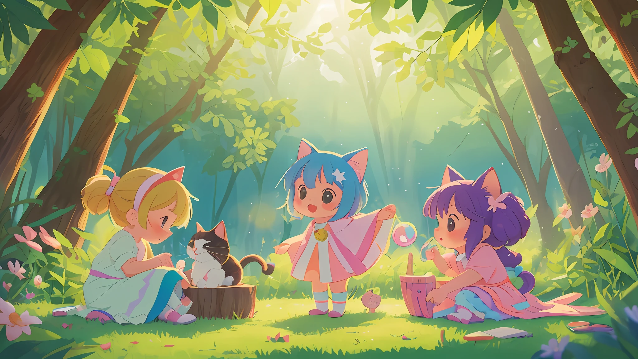 2girls, playing around in the forest with a kitty cat that is rainbow colored, full of magic and mystical items, amazing, adorable colors, pastel palette, colorful, children book, child anime, cute, adorable, whimsical, illustration, kawaii,