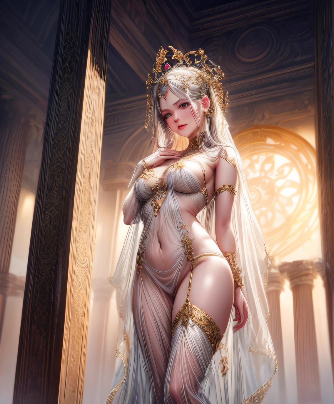 Marble statue of a young girl, Long dress (nude:1.4), Spats (see-through lingerie:1.3), (Blushing:1.0), Contemptuous expression, Detailed face, Transparent clothing, slight smile,Jean-Baptiste Monge style, bright, beautiful , splash, Glittering , cute and adorable, filigree, , rim lighting, lights, extremely , magic, surreal, fantasy, digital art, , wlop, artgerm,perfect female body close-up, full body, visible vaginal hair, pink pesones, transparent clothes,face by tom bagshaw art station,, Moon Goddess, Full Length Figure,Sakimichan art, oriental mandala tattoo, fractal background, silver and gold and bronze spirit, floating antique clock, antique lamp, splash, seductive pose, visible pubic hair , visible small breasts, full body, beautiful European Caucasian girl, sexy lady beauty, bare breasts,, ancient temple interior, roman columns,ong platinum hair, long platinum and gold hair, view from below,